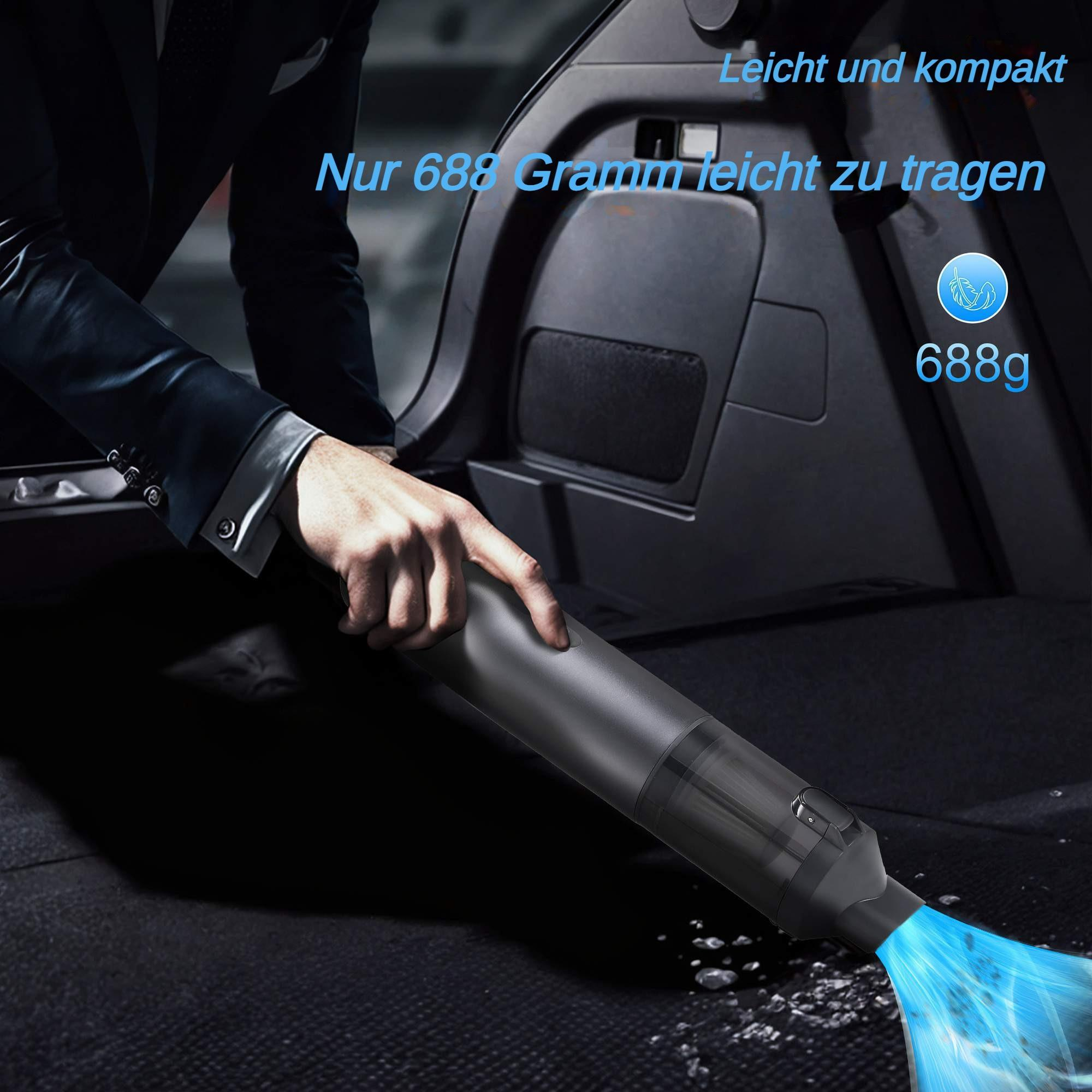 Eine Person benutzt einen Staubsauger in einem Auto. Der Text lautet: Leicht und kompakt. Einfach zu tragen, wiegt 688g.