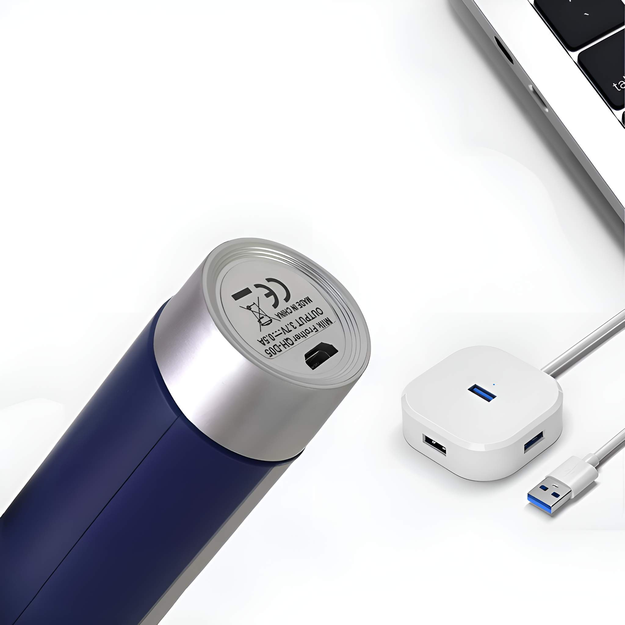 Ein blaues und silbernes Ladegerät und ein weißer USB-Hub. Der Hintergrund ist weiß.