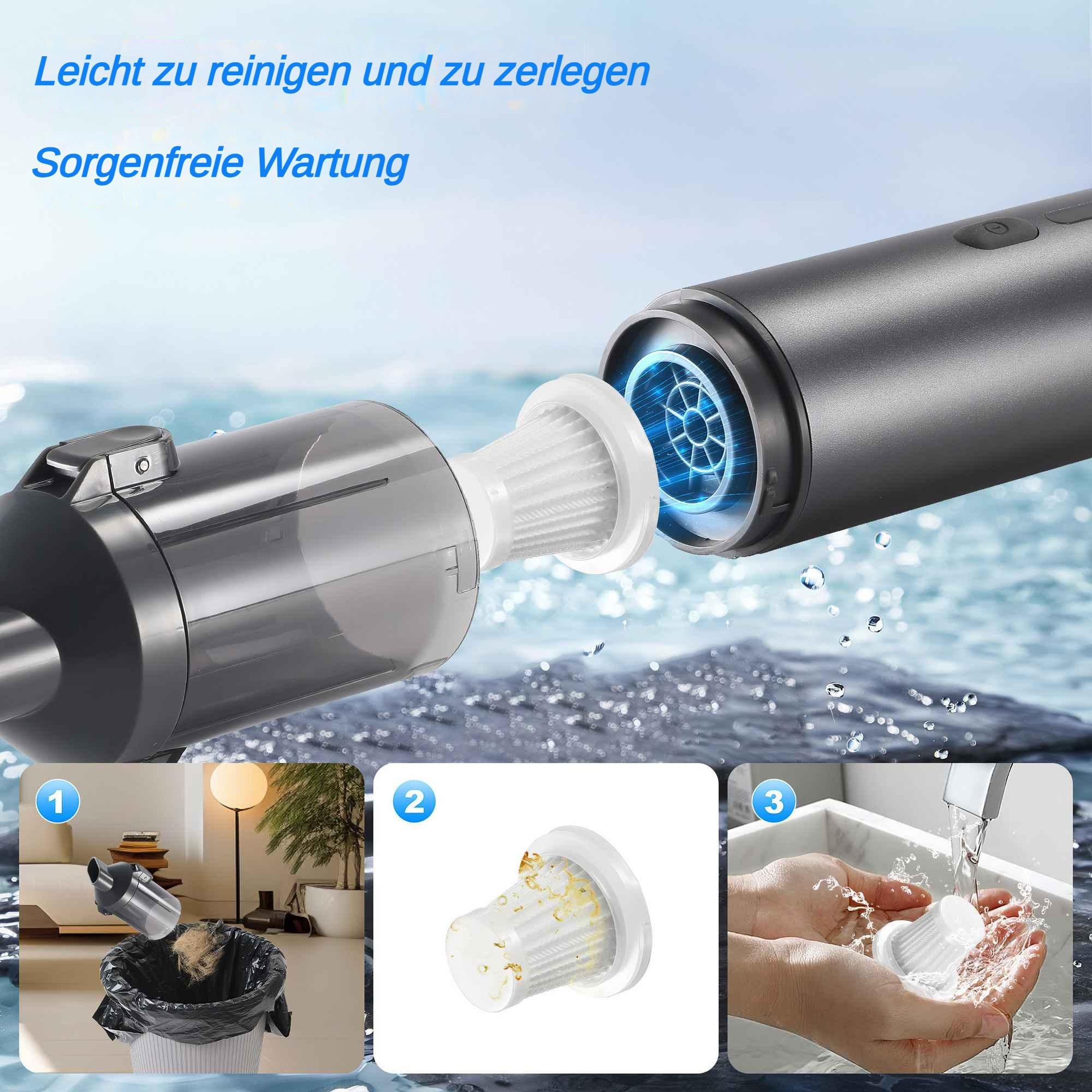 Ein Bild zeigt einen zerlegten Staubsauger. Die Schritte zeigen das Entleeren, Reinigen und Waschen des Filters mit Wasser.