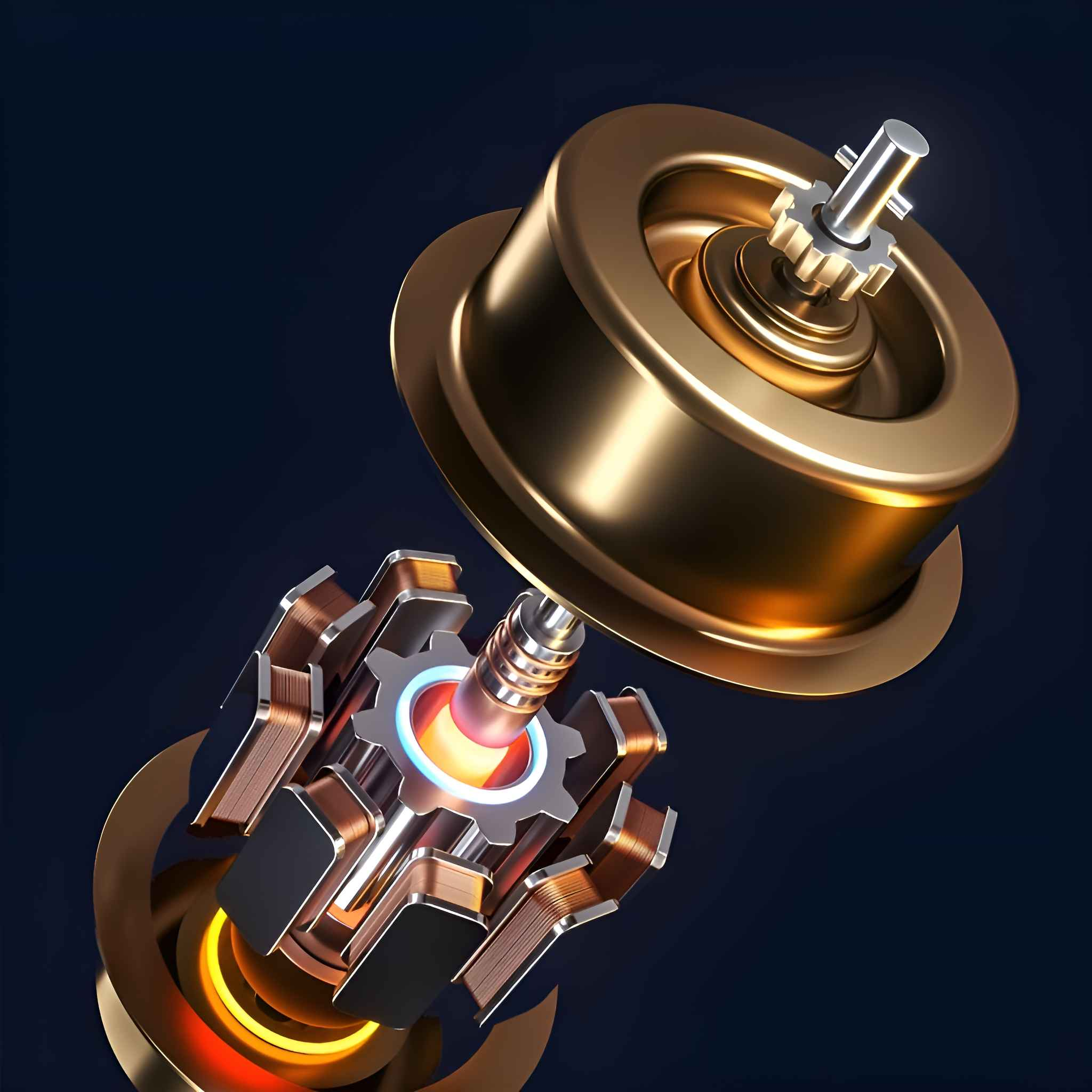 Nahaufnahme von goldfarbenen mechanischen Teilen. Der obere Teil ist ein goldenes Rad, und der untere Teil hat Kupferspulen.