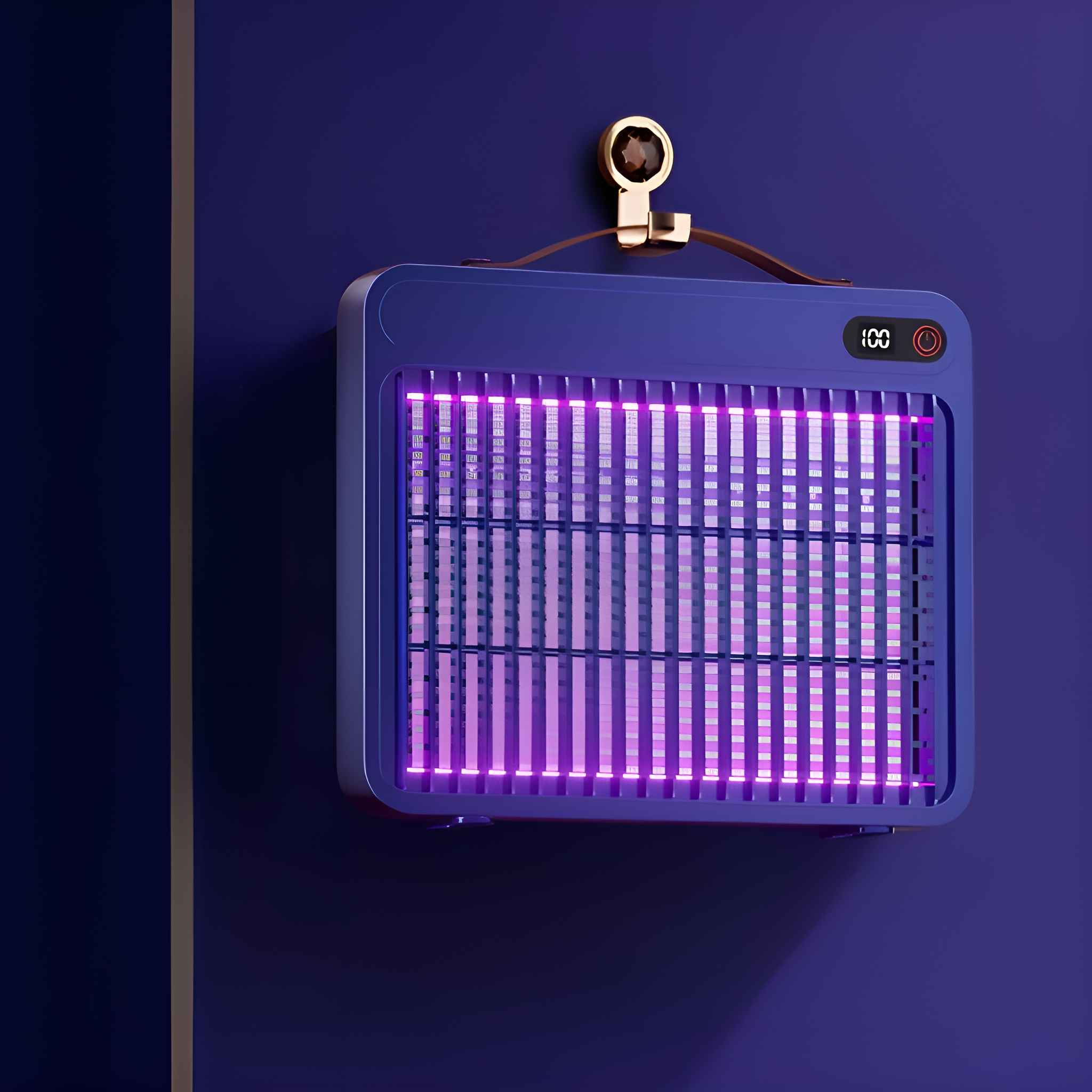 Eine blaue Mückenvernichtungslampe hängt mit einem goldenen Haken an einer blauen Wand.