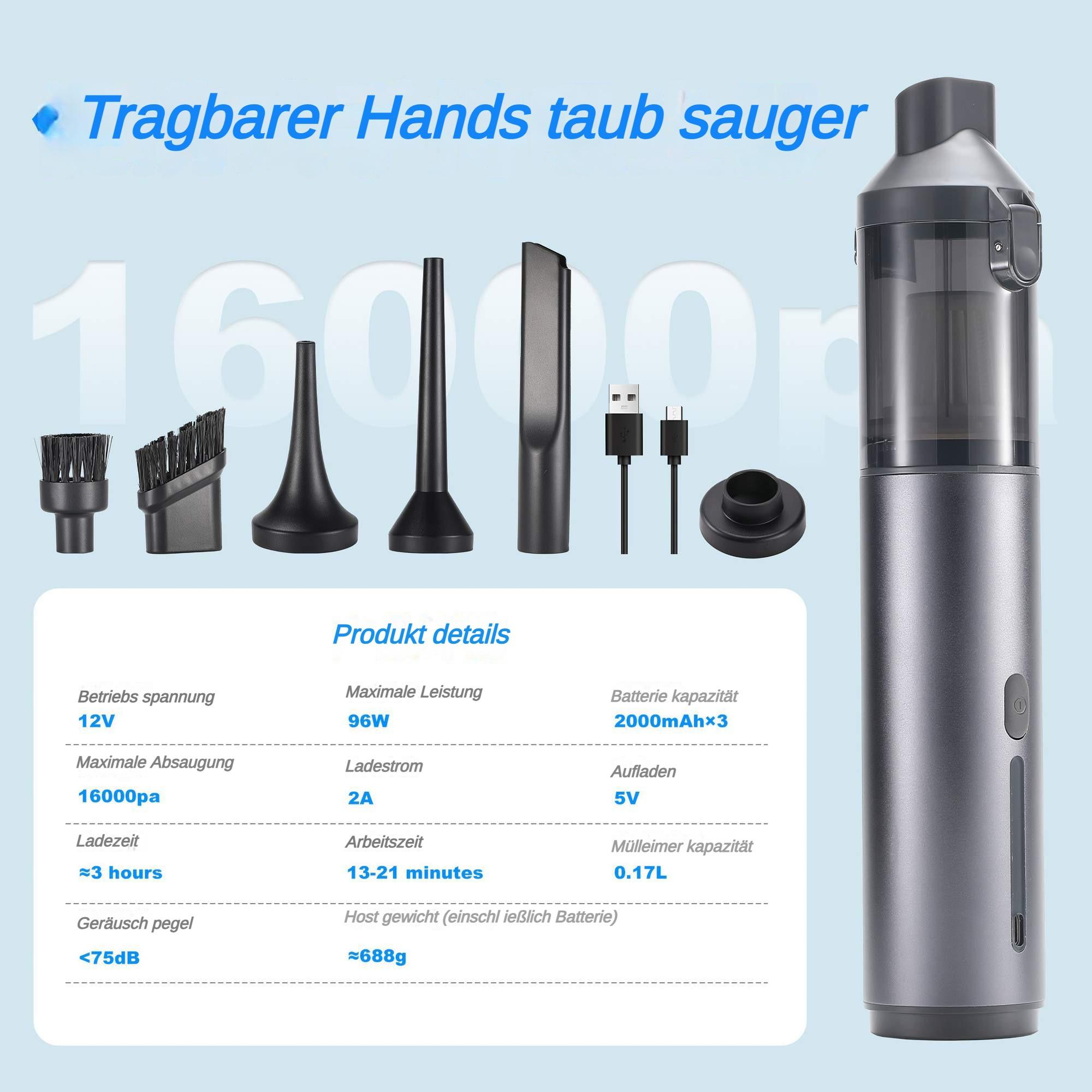 Handstaubsauger und Details. Enthält eine Tabelle mit Spezifikationen wie Spannung, Leistung und Akkulaufzeit.
