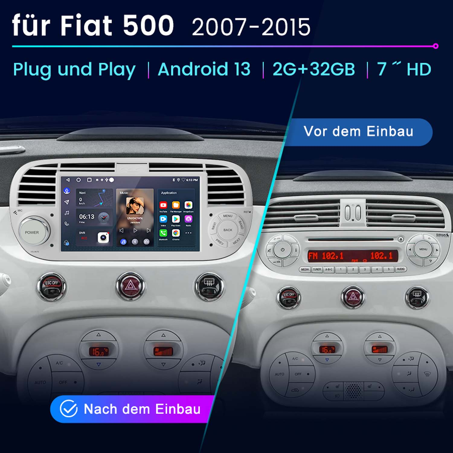 Autoradio vor und nach dem Upgrade, zeigt neue Touchscreen-Oberfläche.