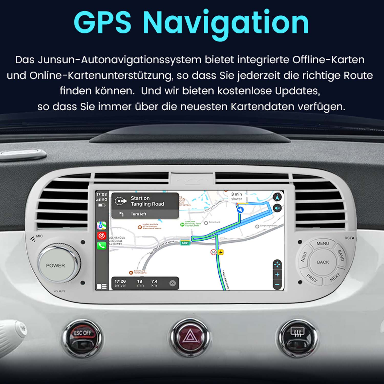 Auto-Multimedia-Player mit GPS-Navigation. Zeigt eine Kartenanzeige mit Navigationsanweisungen.
