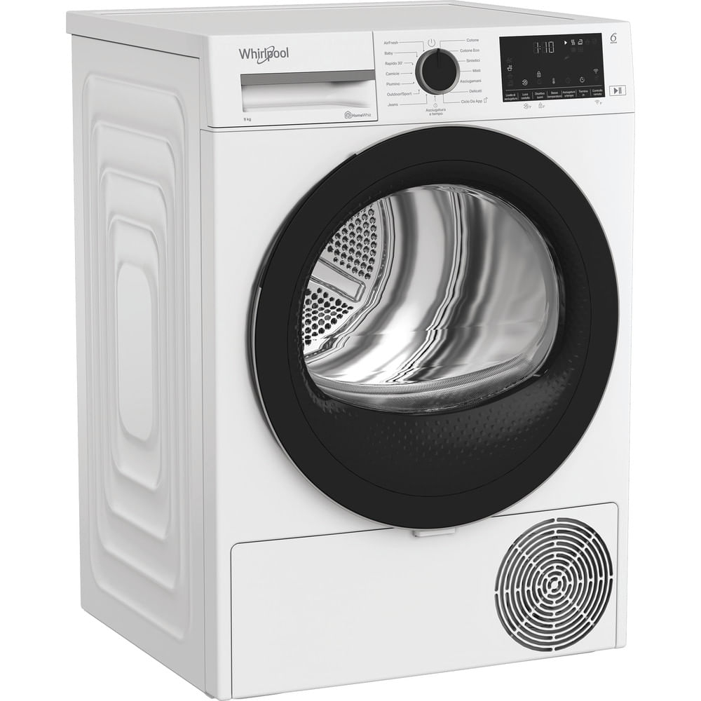 Asciugatrice Whirlpool bianca. Ha una porta nera, un pannello di controllo e un'apertura rotonda.