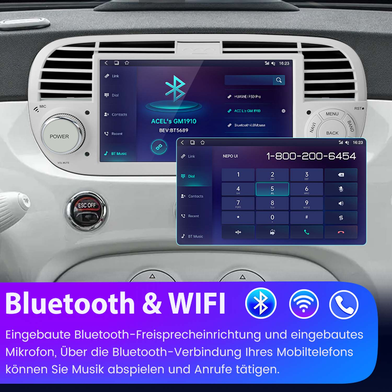 Auto-Infotainmentsystem mit Bildschirm, der Apps, Bluetooth- und WiFi-Funktionen und eine Telefonwählschnittstelle anzeigt.