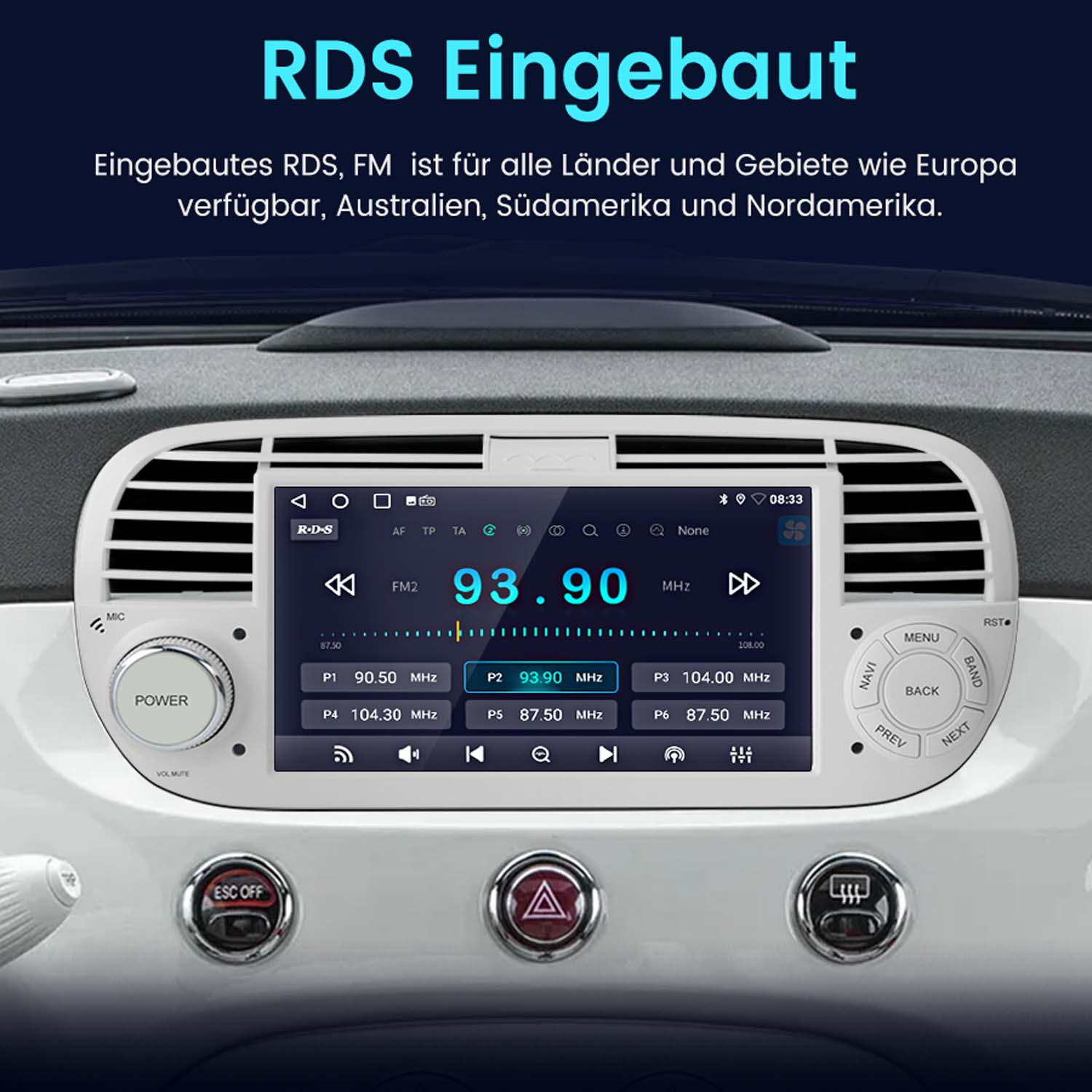 Autoradio-Schnittstelle mit FM-Radiofrequenz, Navigationstasten und Digitaluhr.