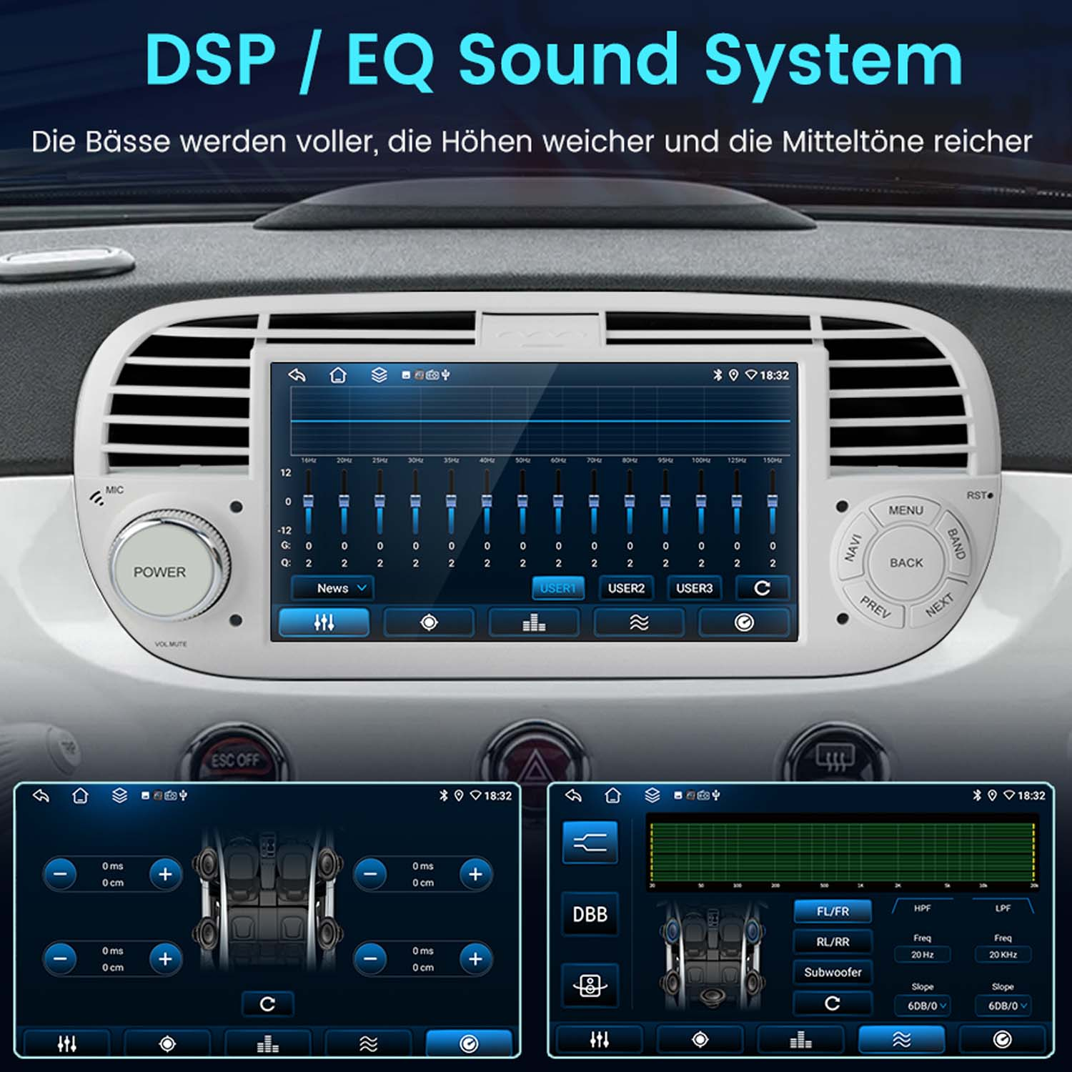 Autoradio mit Touchscreen-Display und Equalizer-Einstellungen. Unten befinden sich zwei zusätzliche Bildschirme.