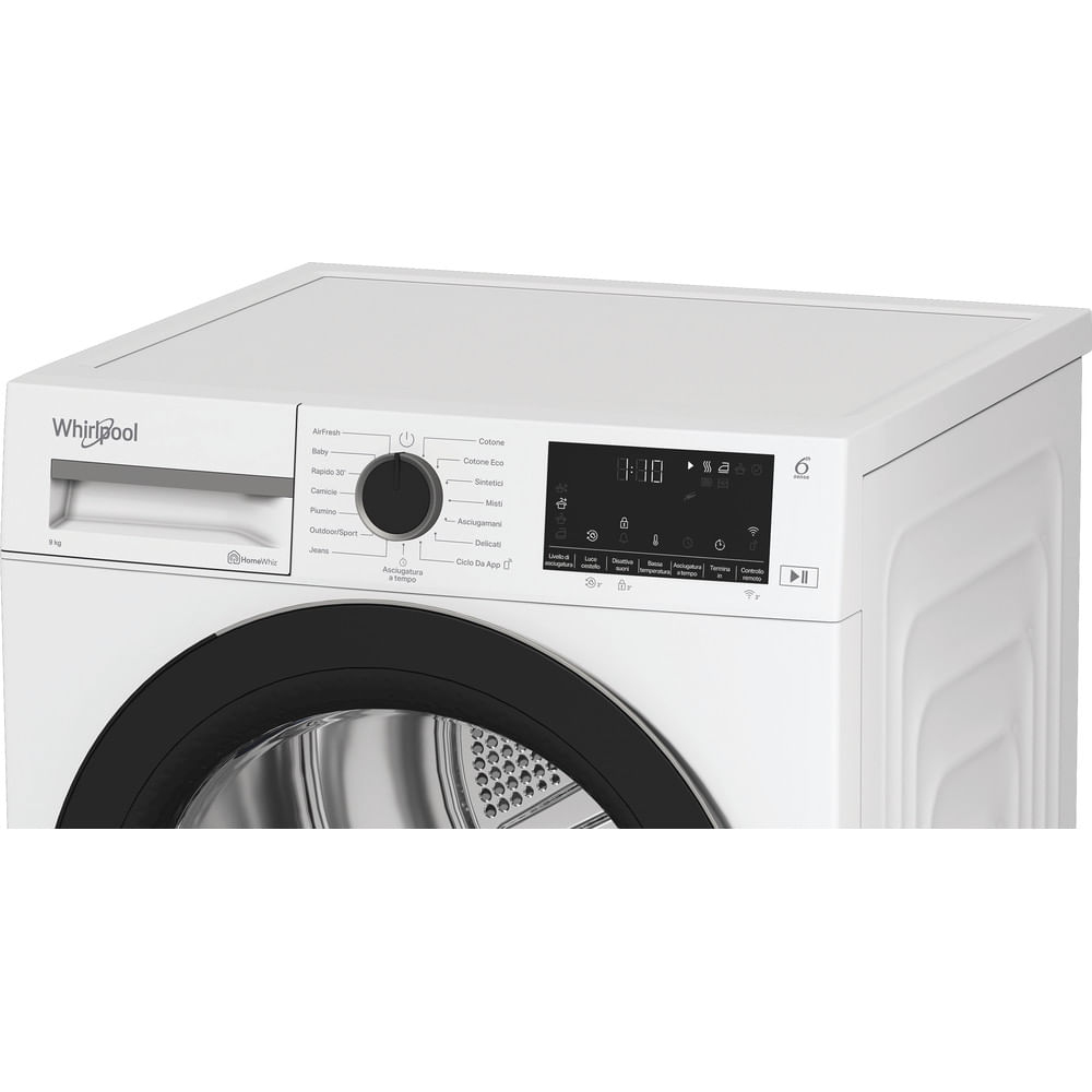 Un'asciugatrice Whirlpool bianca con porta nera, pannello di controllo superiore, che mostra impostazioni e display digitale.