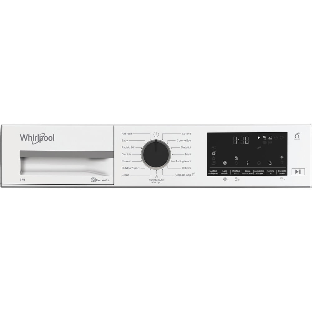 Vista frontale dell'asciugatrice Whirlpool bianca, con pannello di controllo che mostra impostazioni, display digitale e porta.
