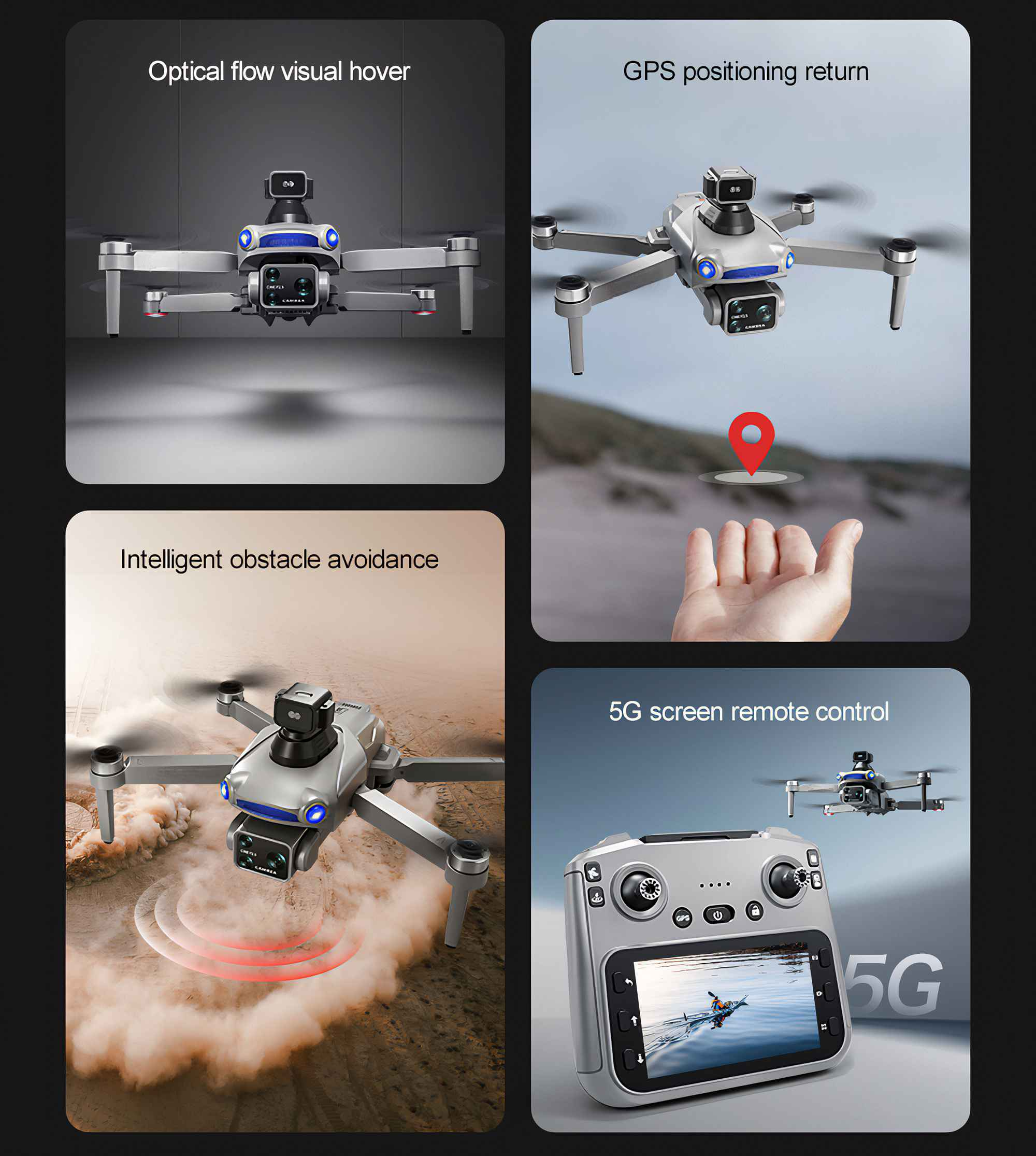 Drohnenbilder, die optischen Fluss, GPS-Positionierung, Hindernisvermeidung und 5G-Bildschirm-Fernbedienung zeigen.