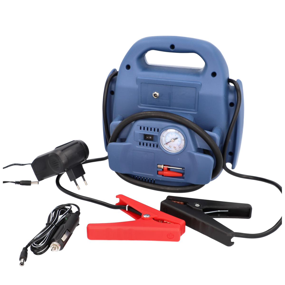 Blauer Autobatterie-Booster mit roten und schwarzen Klemmen und Kabeln. Ein Luftdruckmesser ist ebenfalls angebracht.