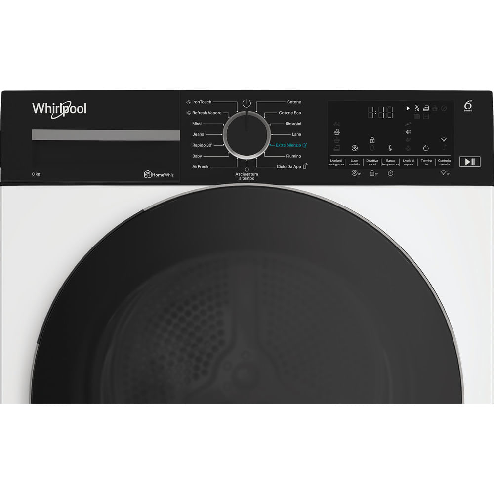 Primo piano del pannello comandi dell'asciugatrice. Pulsanti, manopola e display. Il marchio è Whirlpool.