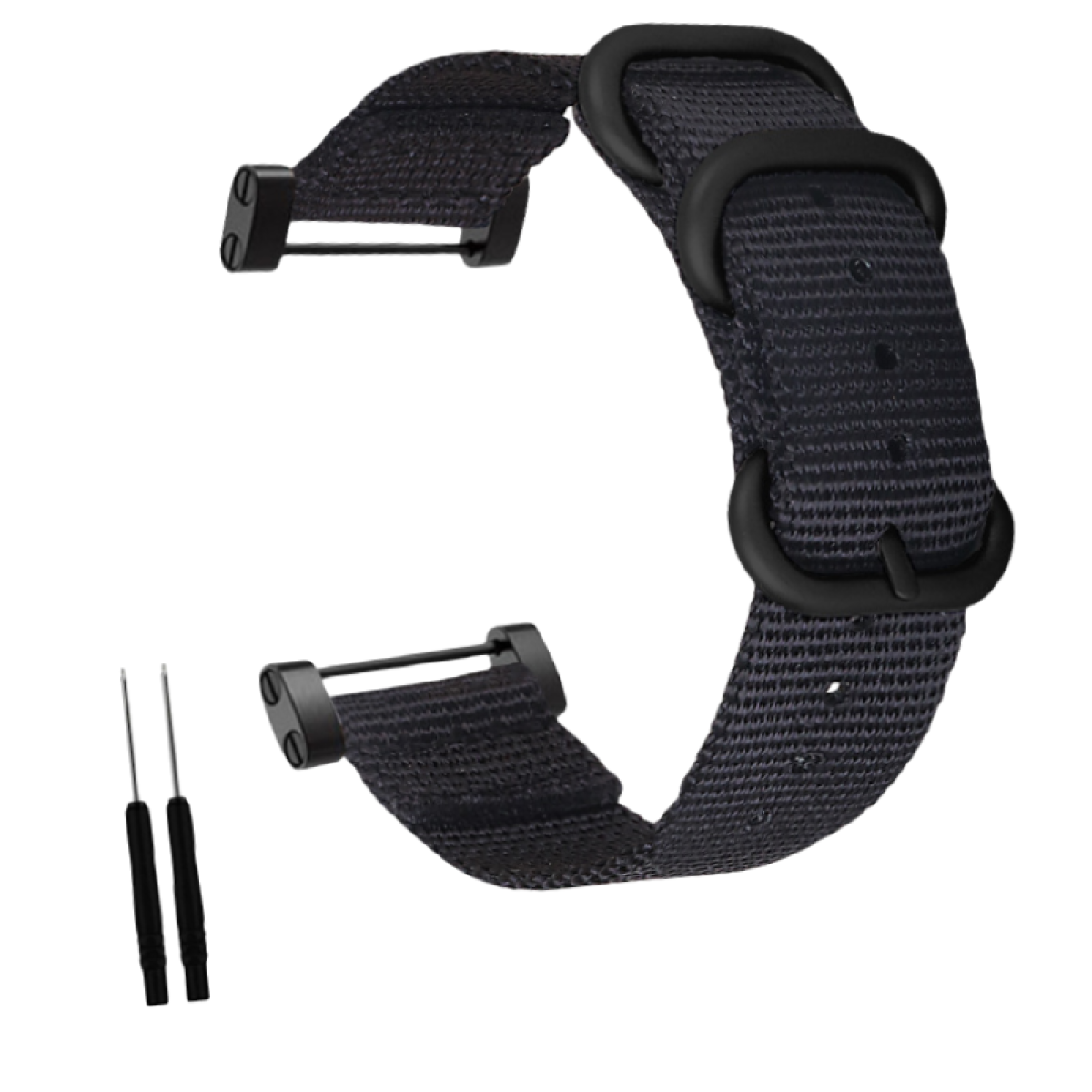 Schwarzes Uhrenarmband mit schwarzer Hardware und Werkzeugen vor weißem Hintergrund. Stoffband.
