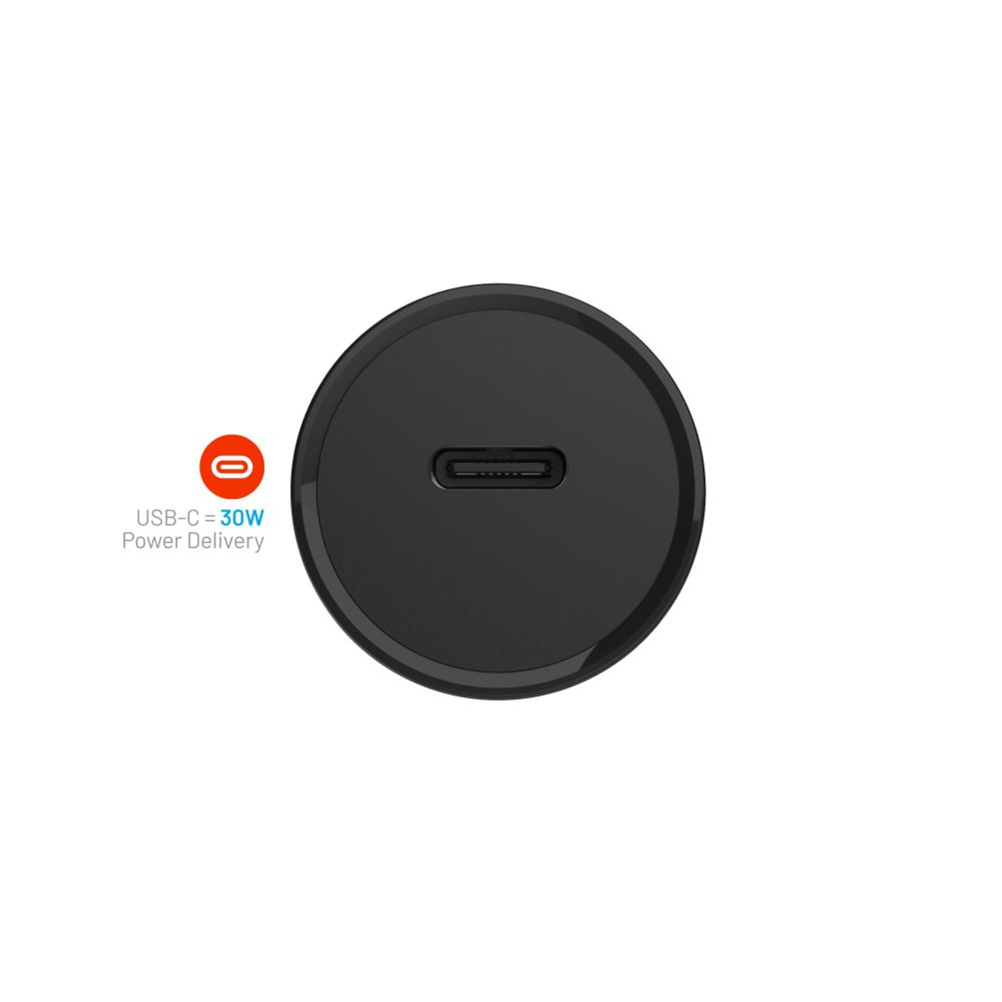 Nahaufnahme eines schwarzen Autoladegeräts mit USB-C-Anschluss. Das Label 'USB-C = 30W Power Delivery' ist sichtbar.