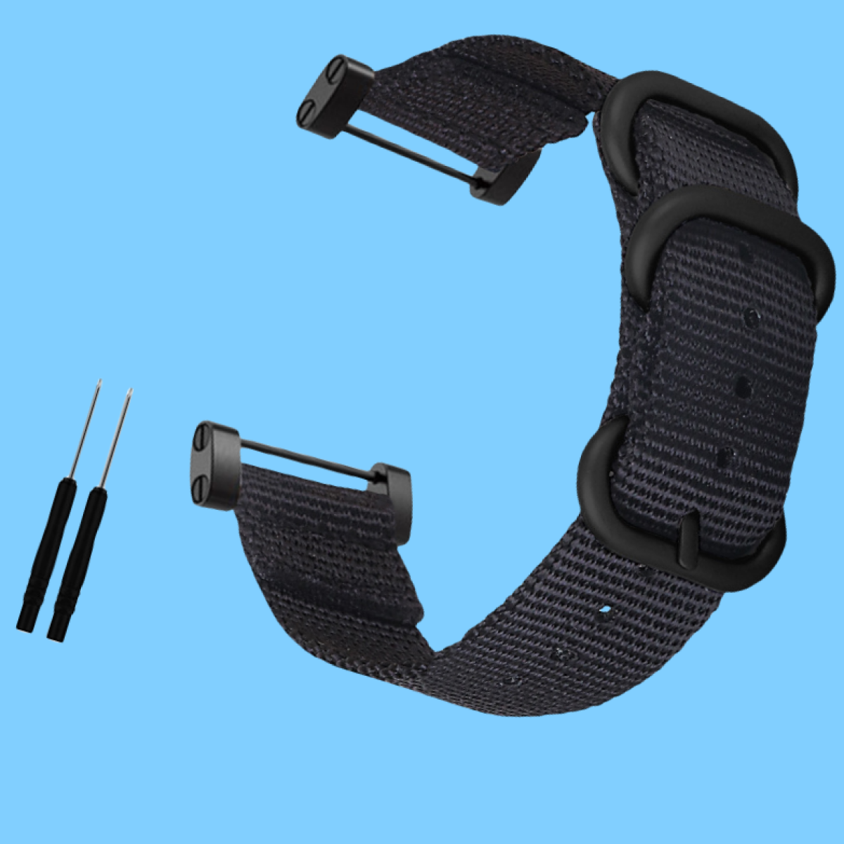 Schwarzes Uhrenarmband mit schwarzer Hardware und zwei Werkzeugen auf blauem Grund. Das Band ist aus Stoff.
