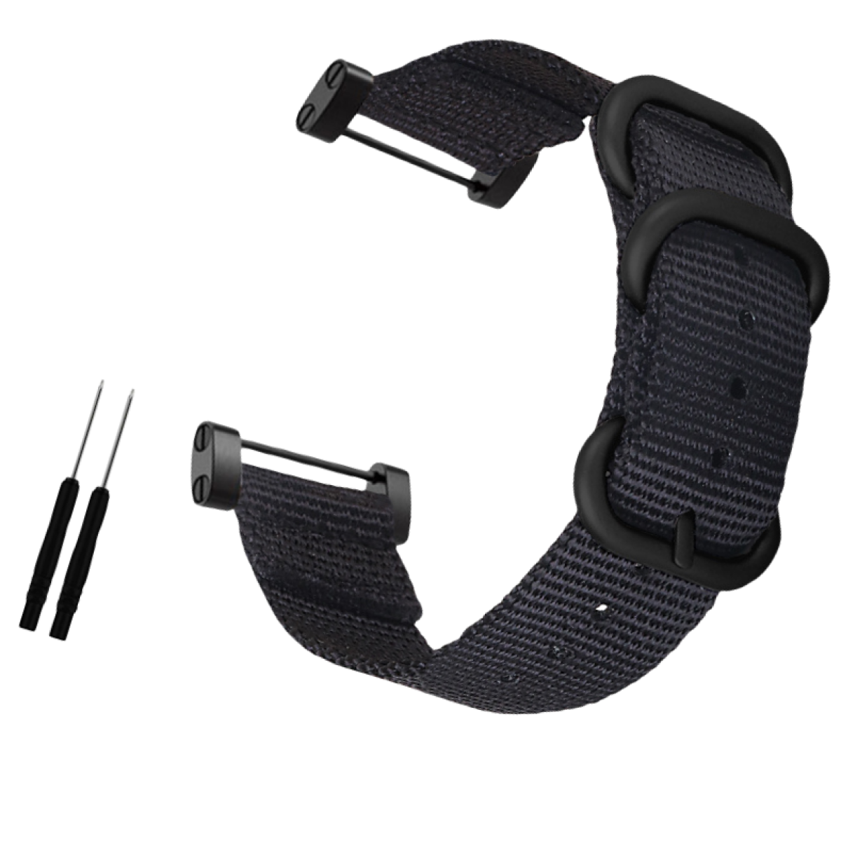 Schwarzes Uhrenarmband mit schwarzer Hardware und Werkzeugen vor weißem Hintergrund. Stoffband.