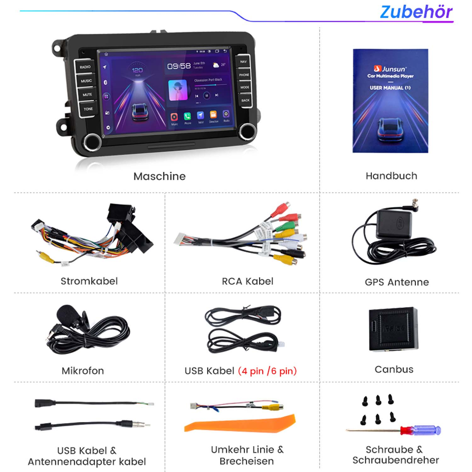 Auto-Multimedia-Player und Zubehör. Einschließlich Kabel, Antenne, Mikrofon, Schrauben und Benutzerhandbuch.