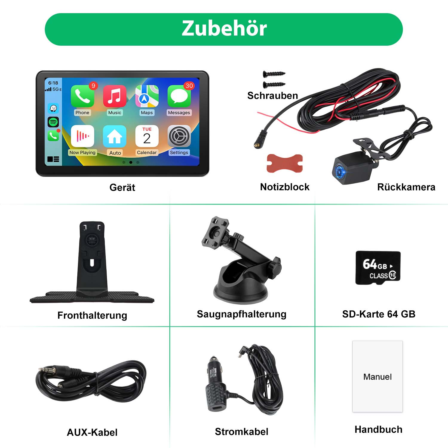 Zubehör für ein Car-Multimedia-System, einschließlich Bildschirm, Kabel, Kamera und Montagezubehör. Weißer Hintergrund.