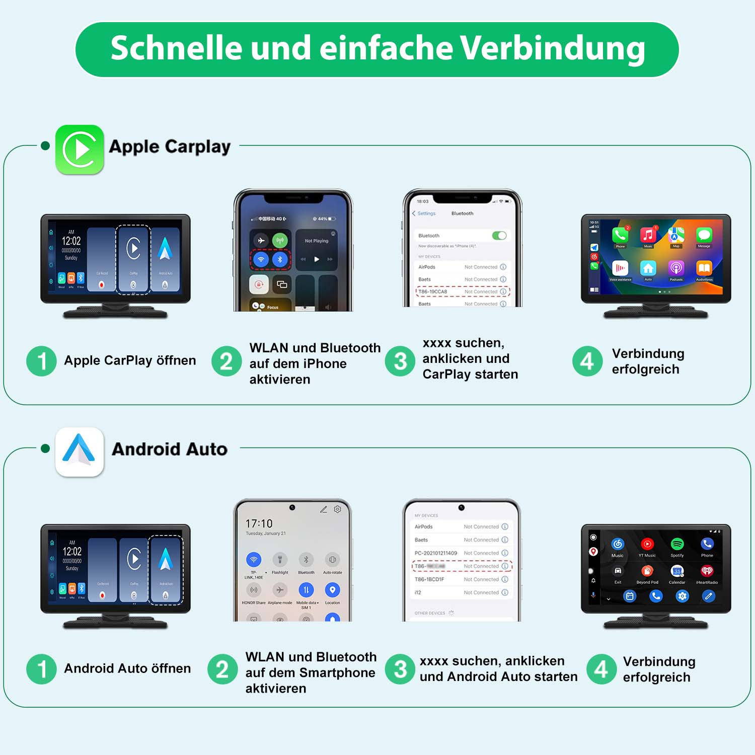 Diagramm, das einfache Verbindungsschritte für Apple CarPlay und Android Auto zeigt. Screenshots und ein Auto-Bildschirm.