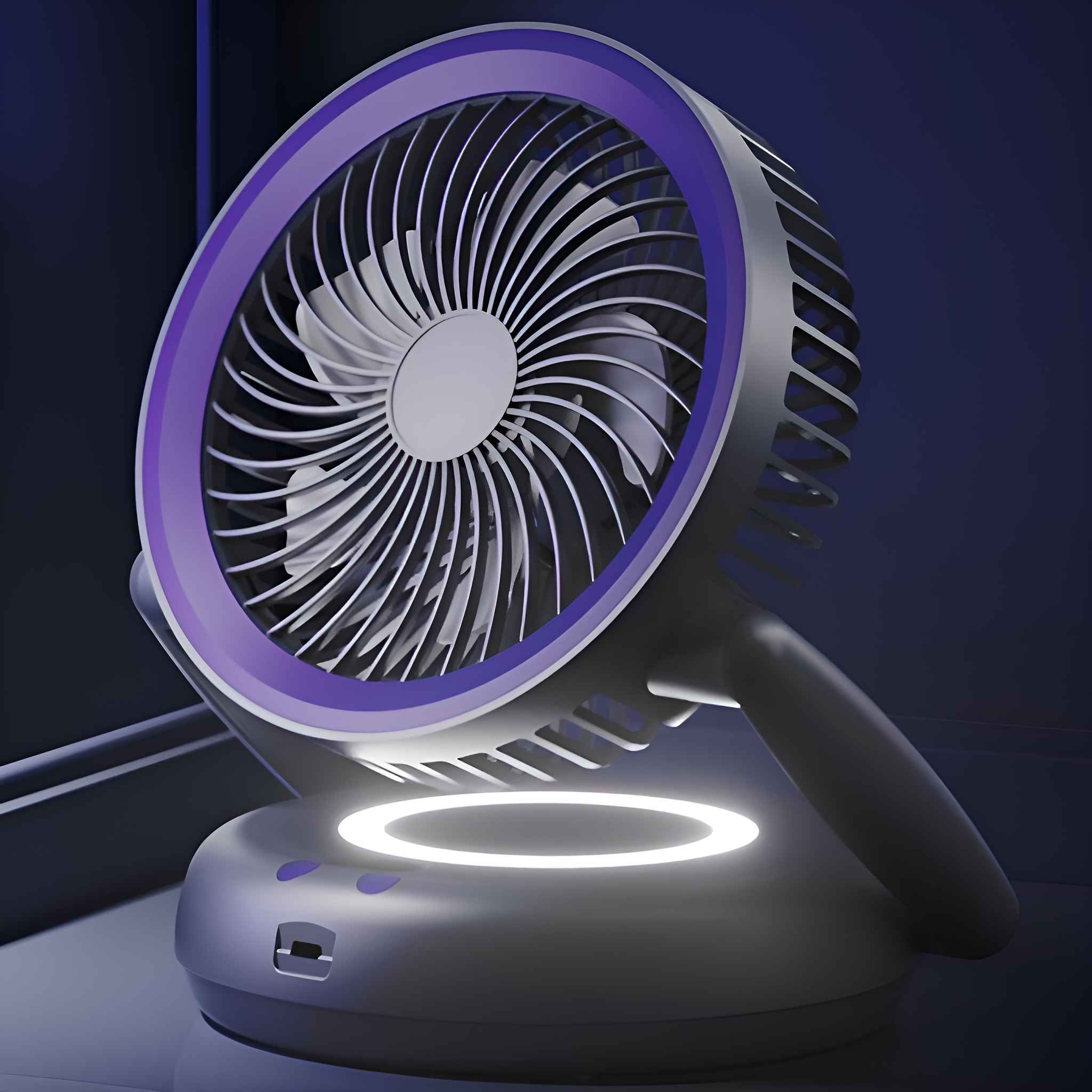Ein grauer und violetter Ventilator mit einem kreisförmigen Licht. Der Ventilator steht auf einem Sockel mit einem kreisförmigen Licht.