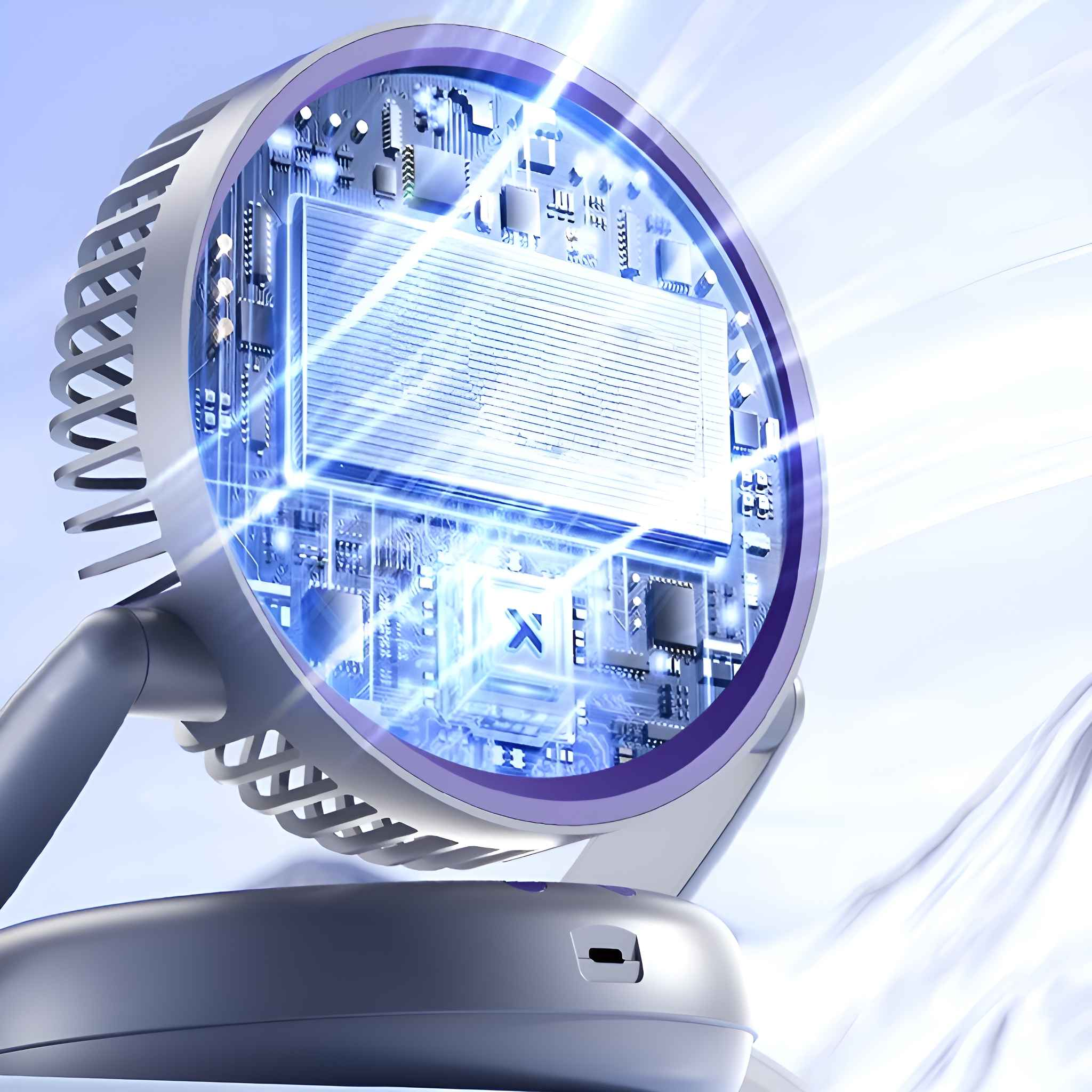 Ein Ventilator mit lila Licht. Der Ventilator zeigt eine Platine. Es gibt auch einen silbernen Griff und Sockel.