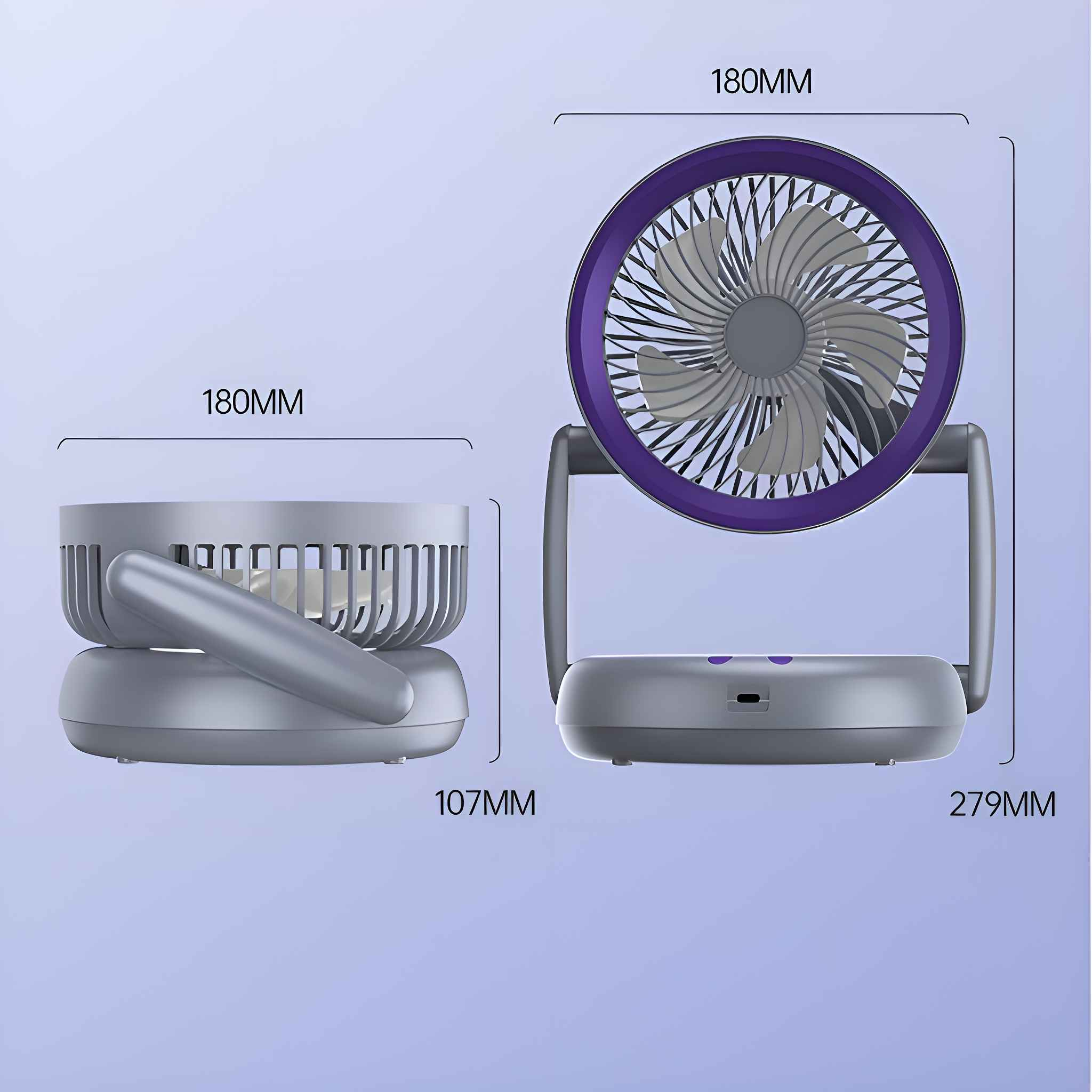 Diagramme, die die Abmessungen eines Ventilators mit lila Felge und Griff in zwei verschiedenen Ansichten zeigen.