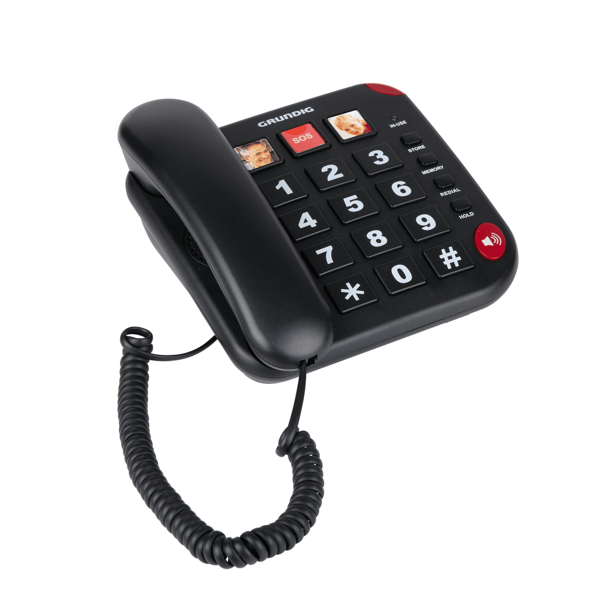 Un téléphone Grundig noir avec de gros boutons et des boutons photo pour les contacts d'urgence. Bouton de recomposition.