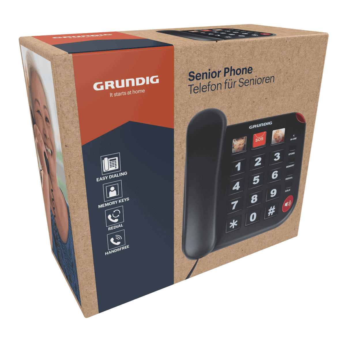 Un téléphone senior dans sa boîte, noir avec de gros boutons, similaire à l'image précédente.