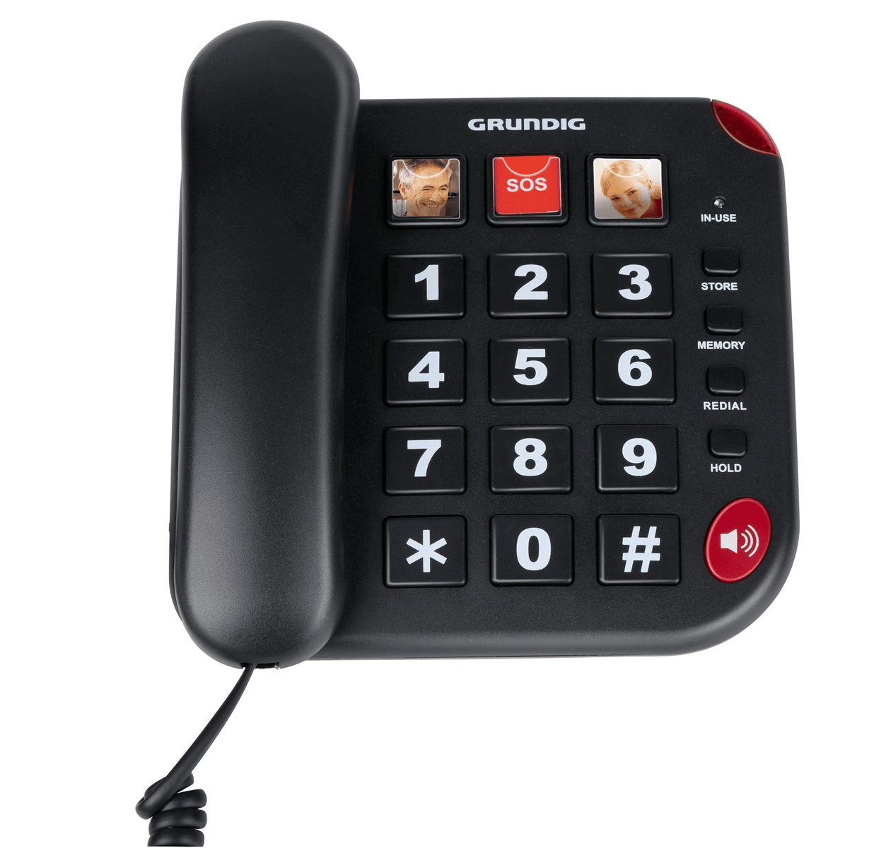 Un téléphone senior noir avec de gros boutons, avec deux petites fentes photo et un bouton SOS.