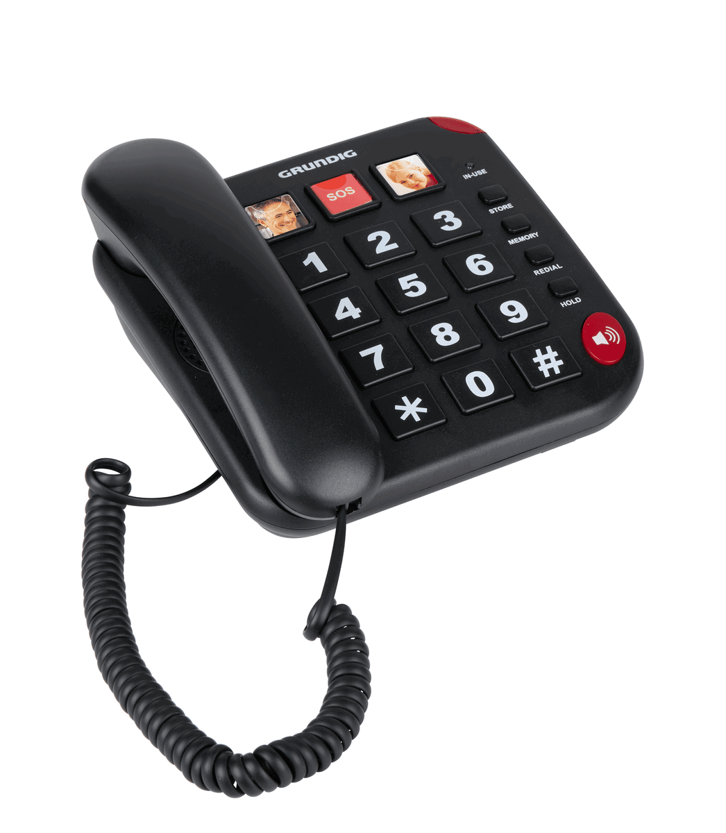 Un téléphone noir avec de gros boutons et trois boutons photo. Le téléphone a un cordon enroulé.