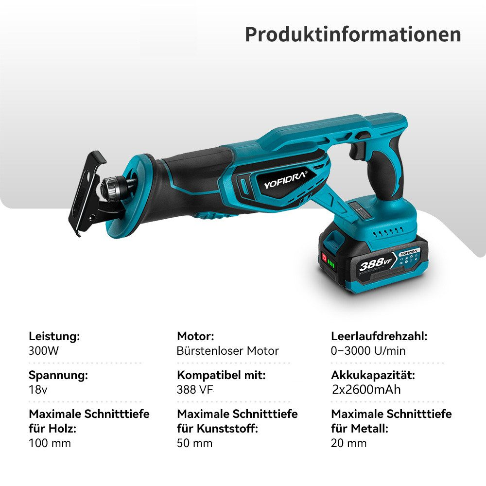 Eine blau-schwarze Yofidra Säbelsäge auf weißem Grund mit technischen Daten.