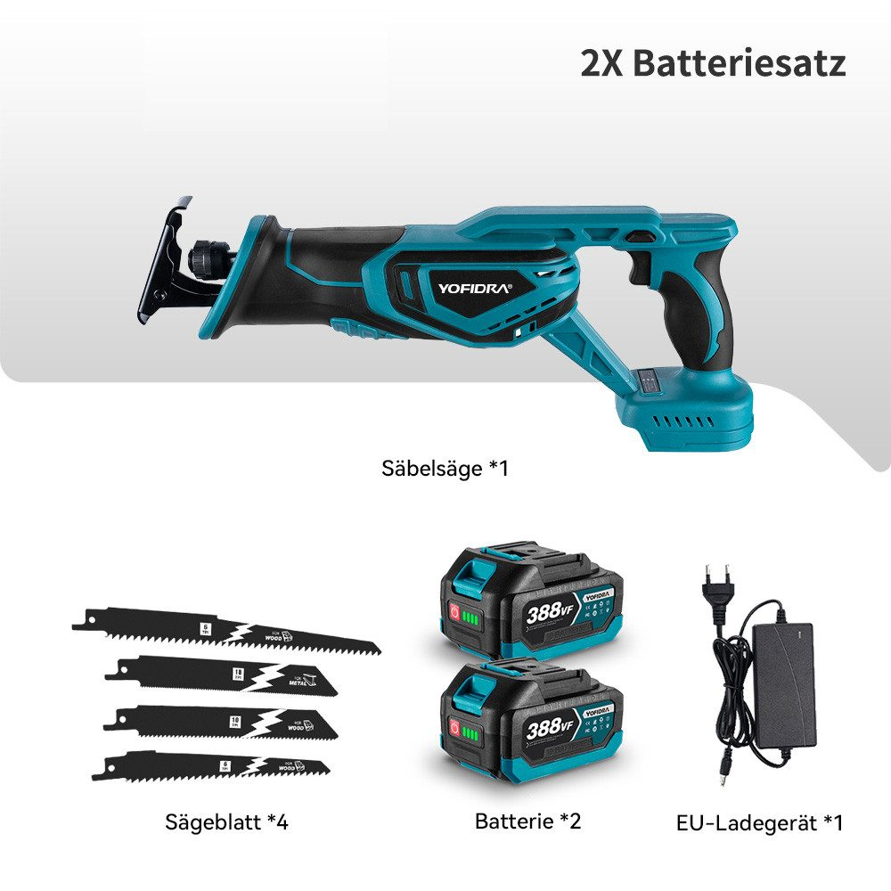 Ein Set von Yofidra Säbelsäge mit Klingen, Batterien und einem Ladegerät auf weißem Hintergrund.
