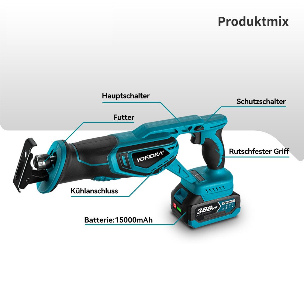 Diagramm einer blau-schwarzen Yofidra Säbelsäge mit Beschriftungen: Batterie, Schalter, Griff usw.