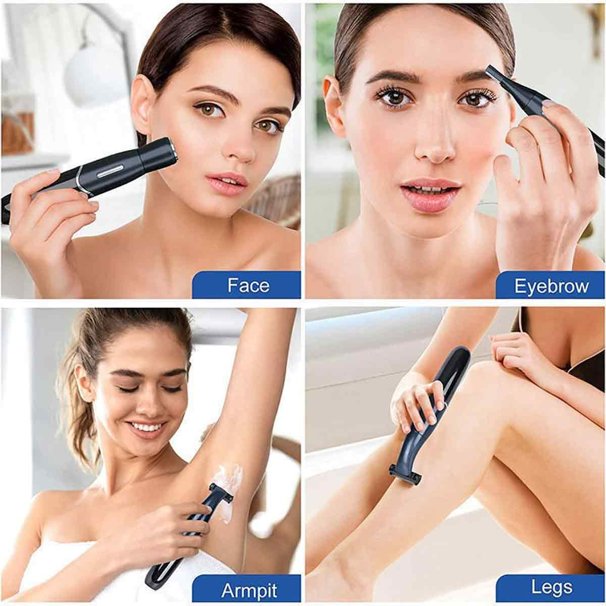Vier Bilder einer Frau, die einen Rasierer für Gesicht, Augenbrauen, Achselhöhlen und Beine verwendet.