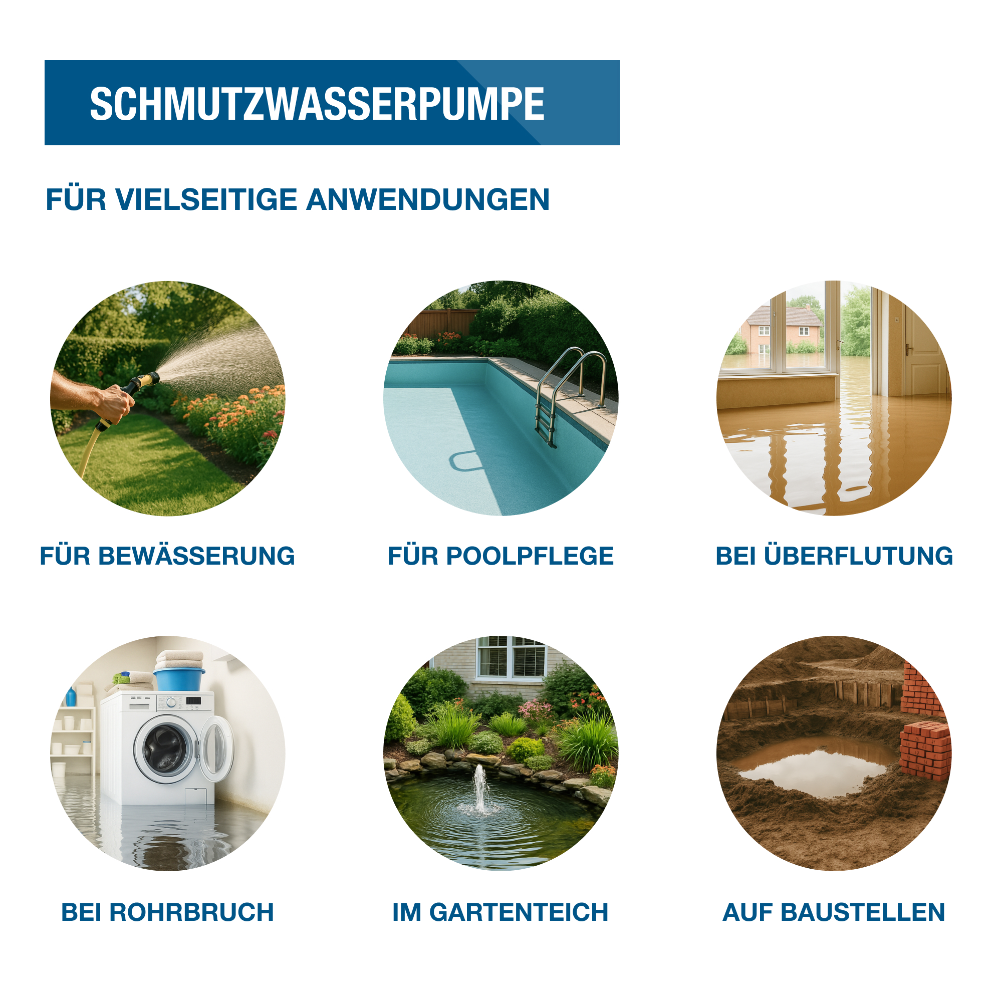 Grafik mit sechs Kreisen, die Anwendungen von Wasserpumpen darstellen.