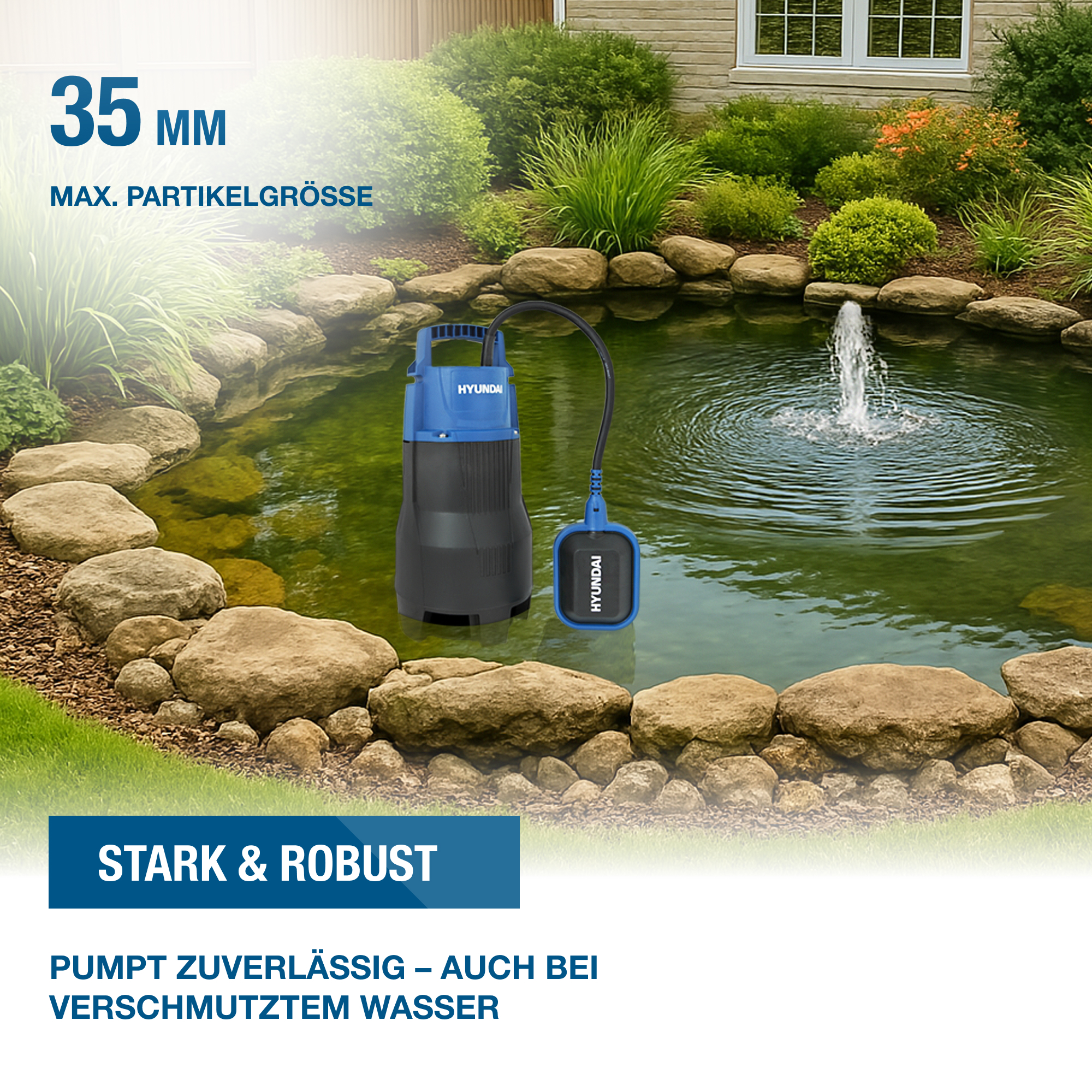 Wasserpumpe in einem Teich mit Brunnen und Steinen, Text unten.