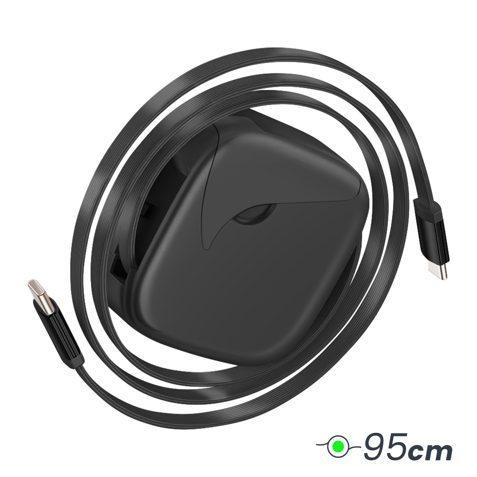 Câble noir avec trois connecteurs, un appareil noir et fond blanc.