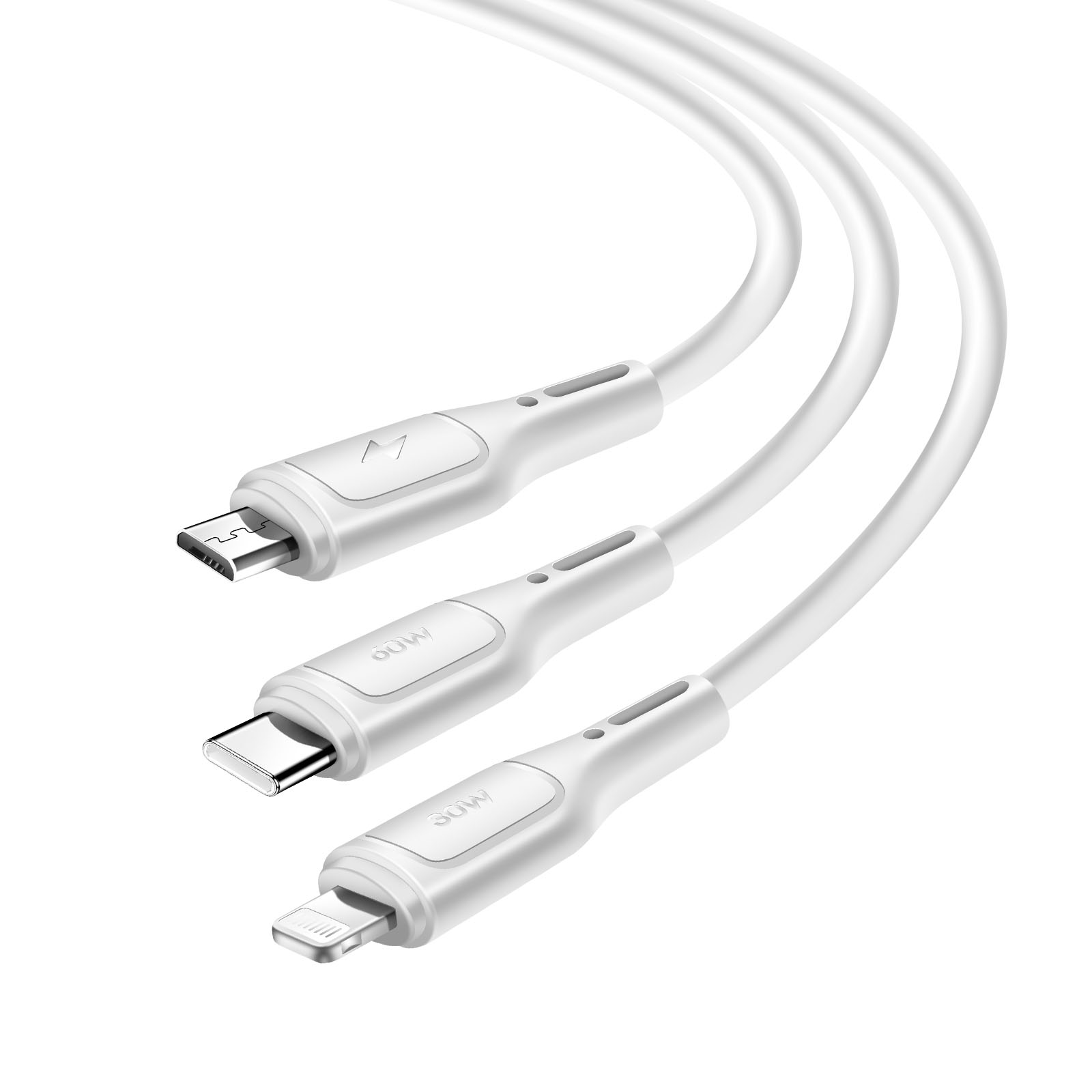 Trois câbles de chargement blancs avec différents connecteurs : Micro USB, USB-C et Lightning.