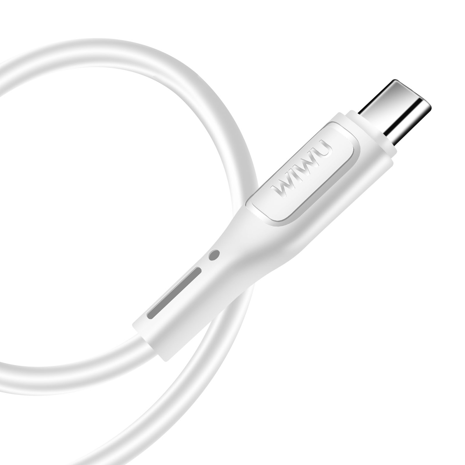 Câble blanc avec un connecteur USB-C, sur fond blanc.