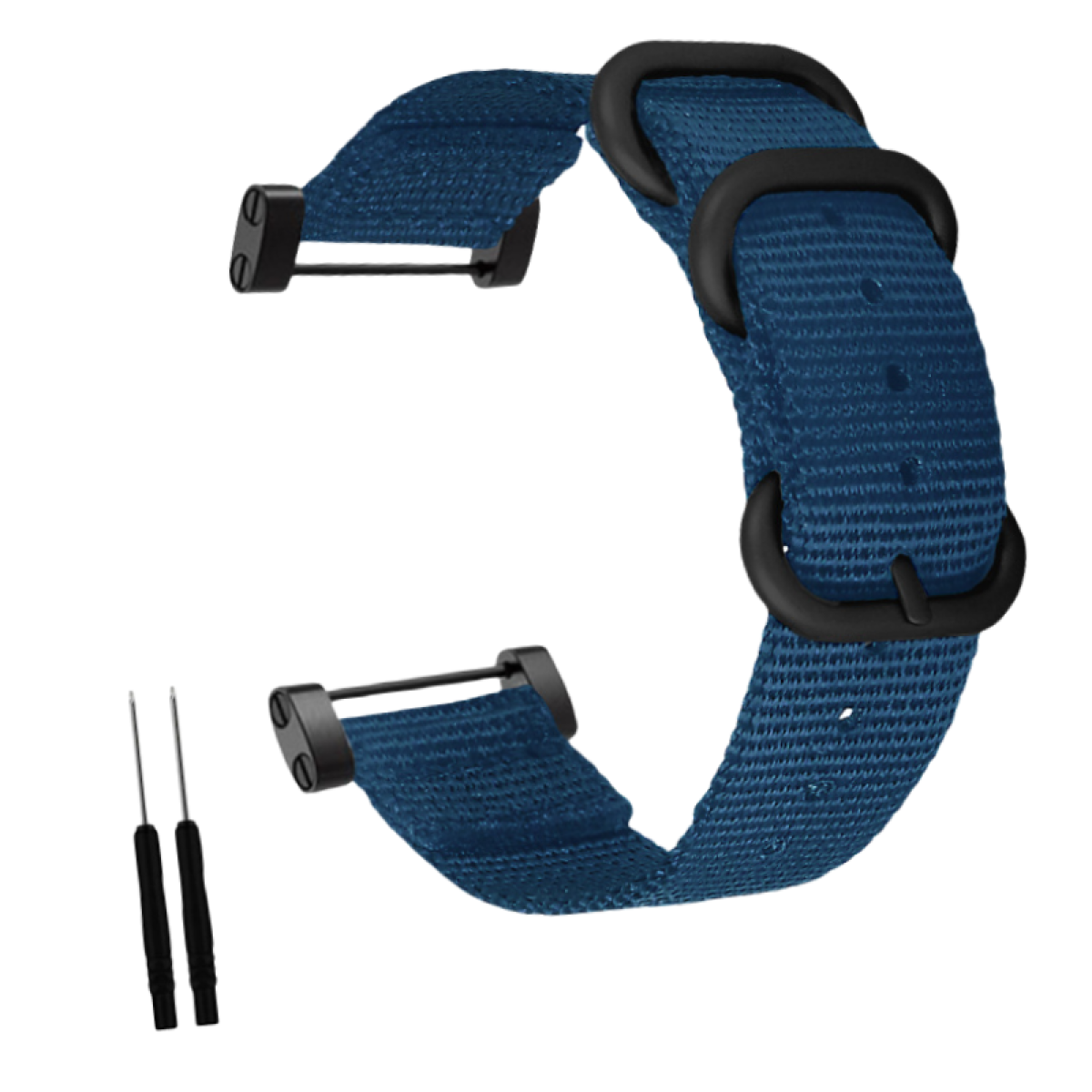 Ein blaues Uhrenarmband mit schwarzen Schnallen und zwei kleinen schwarzen Werkzeugen auf weißem Hintergrund.