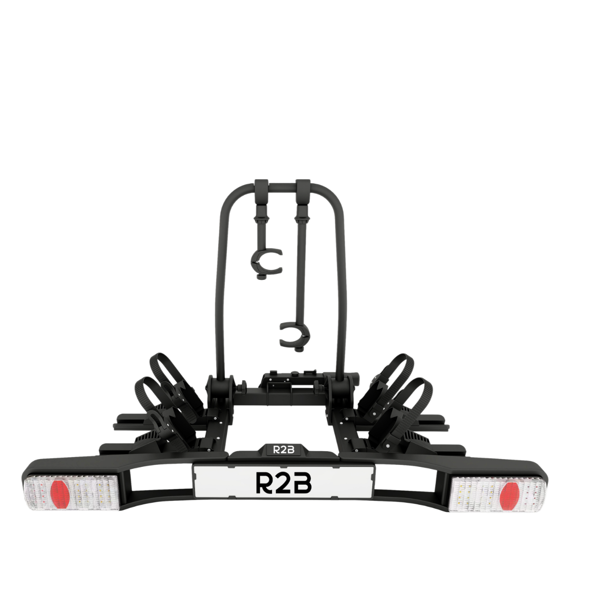 Porte-vélos noir avec feux, logo R2B et matériel de montage.