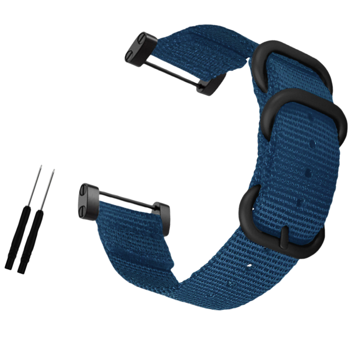 Ein blaues Uhrenarmband mit schwarzen Schnallen und zwei kleinen schwarzen Werkzeugen auf weißem Hintergrund.