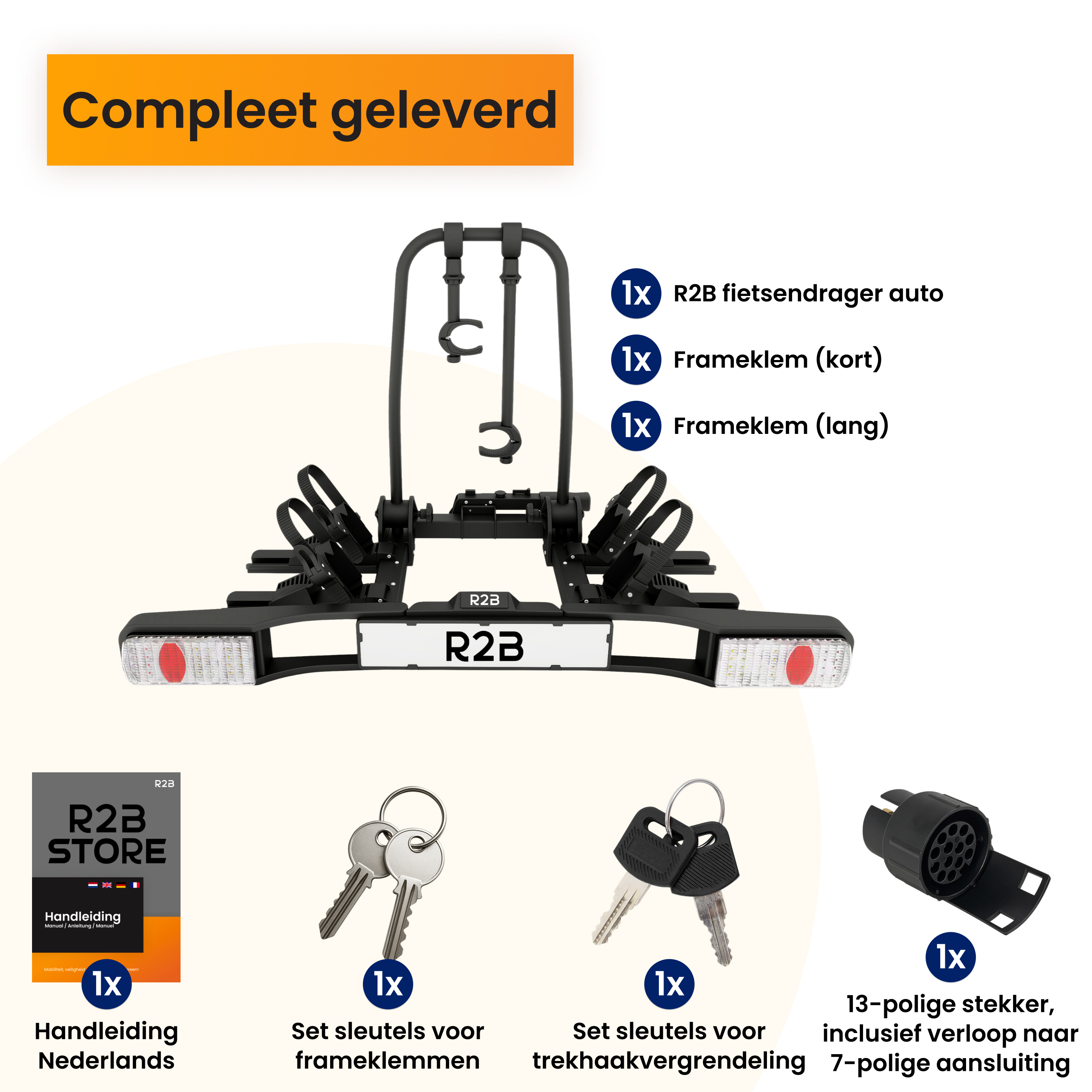 Un porte-vélos avec des accessoires et des étiquettes de texte en néerlandais.