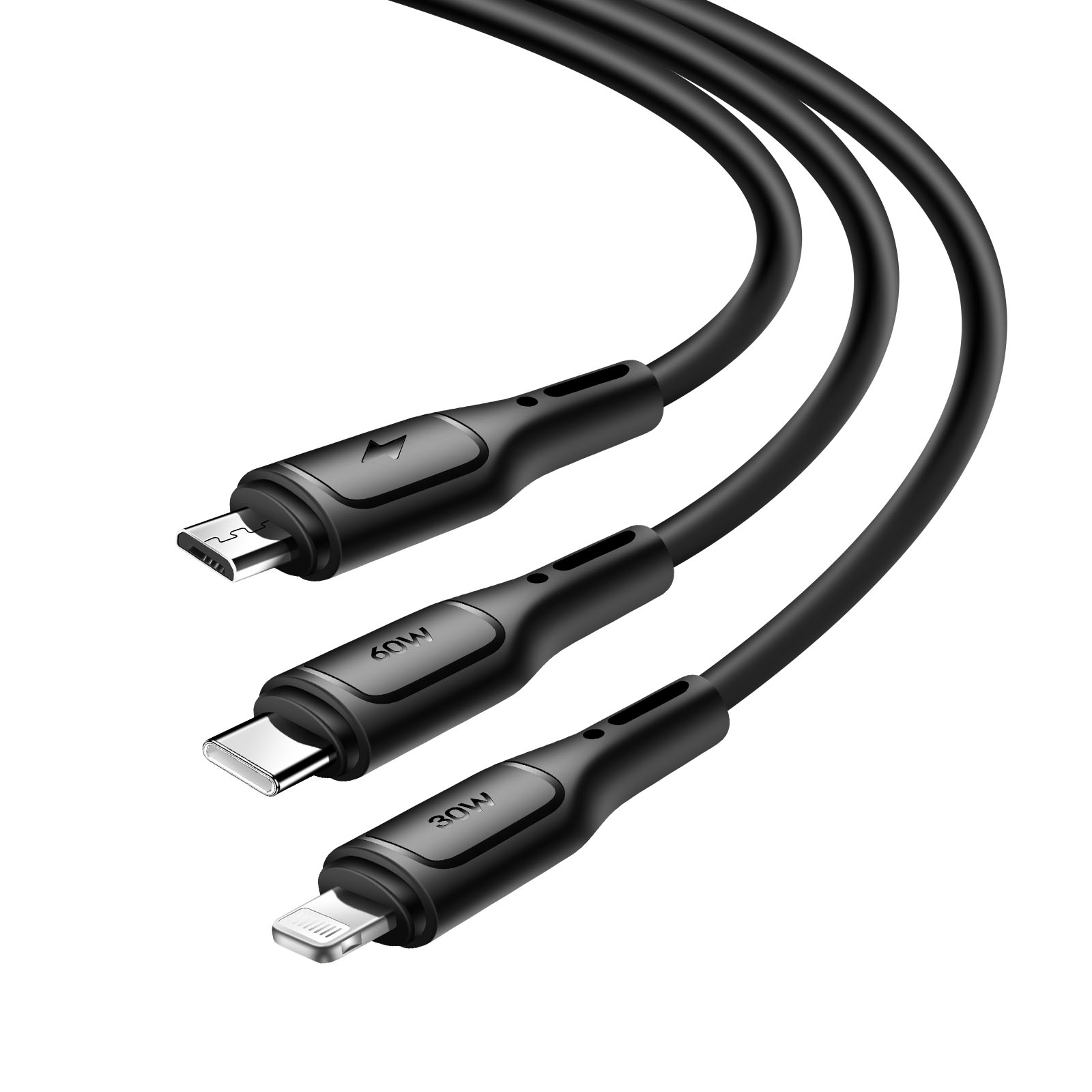 Câble de charge multiport avec trois connecteurs : micro-USB, USB-C et connecteur lightning. Noir.