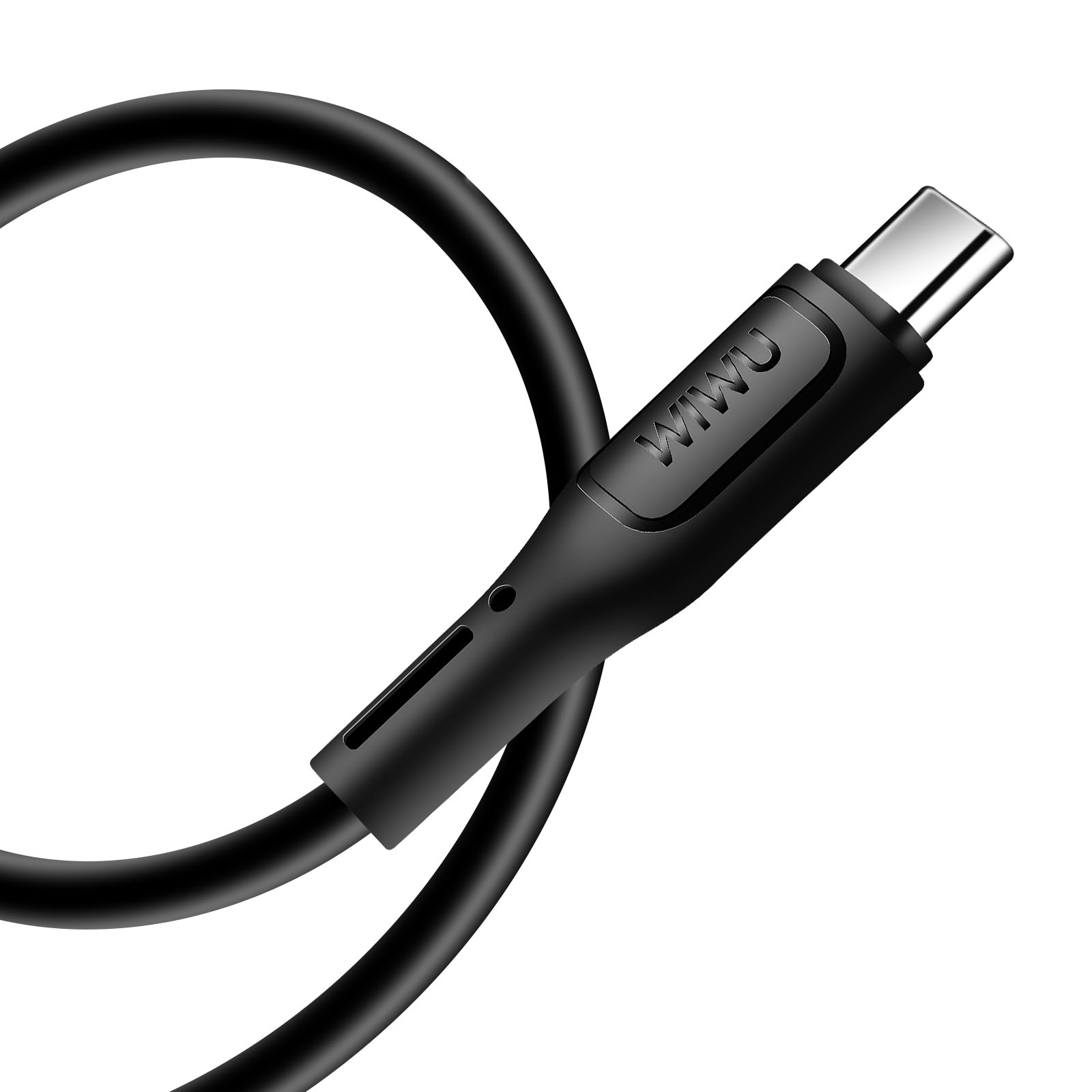 Gros plan sur un câble USB-C noir avec un logo blanc 'WWU' sur le connecteur.