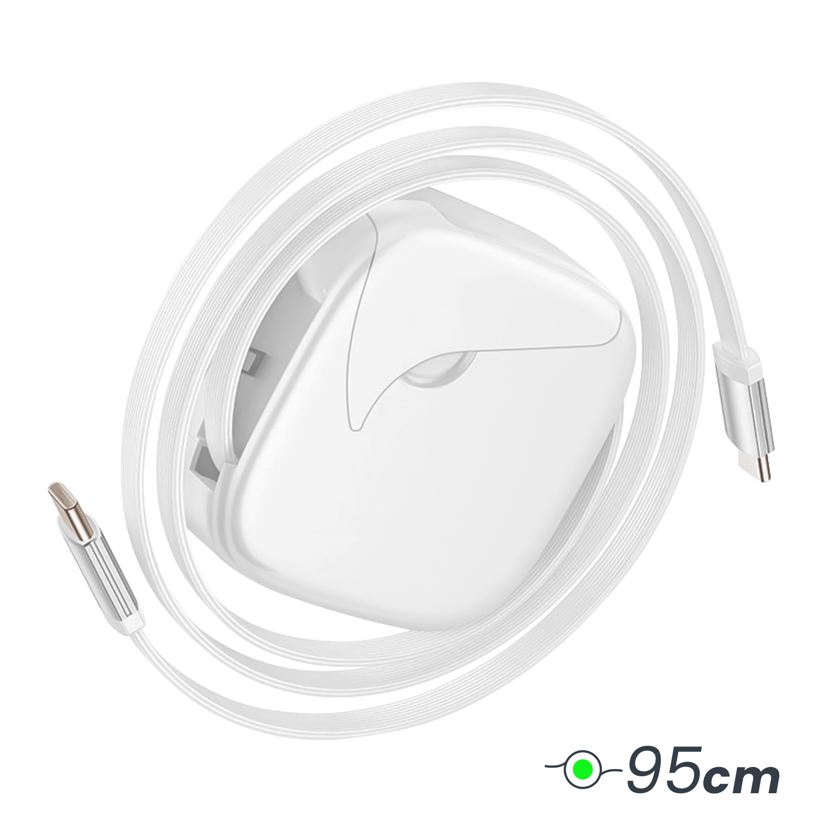 Weißes Kabel mit USB-C-Anschluss, um ein weißes Gerät gewickelt.