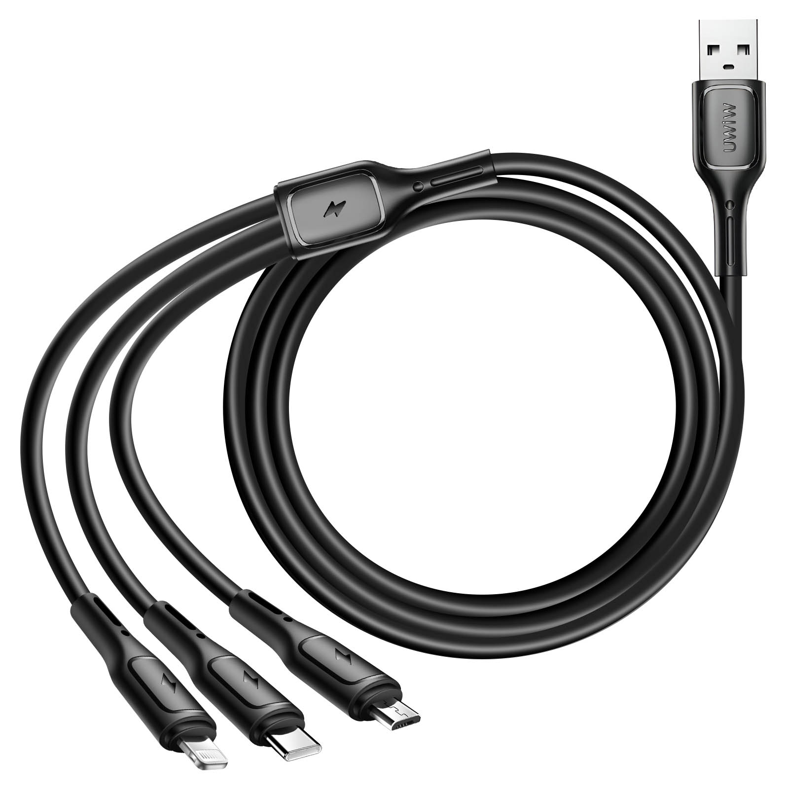 Schwarzes Mehrfach-Ladekabel mit drei Anschlüssen: Lightning, Typ-C und Micro-USB.