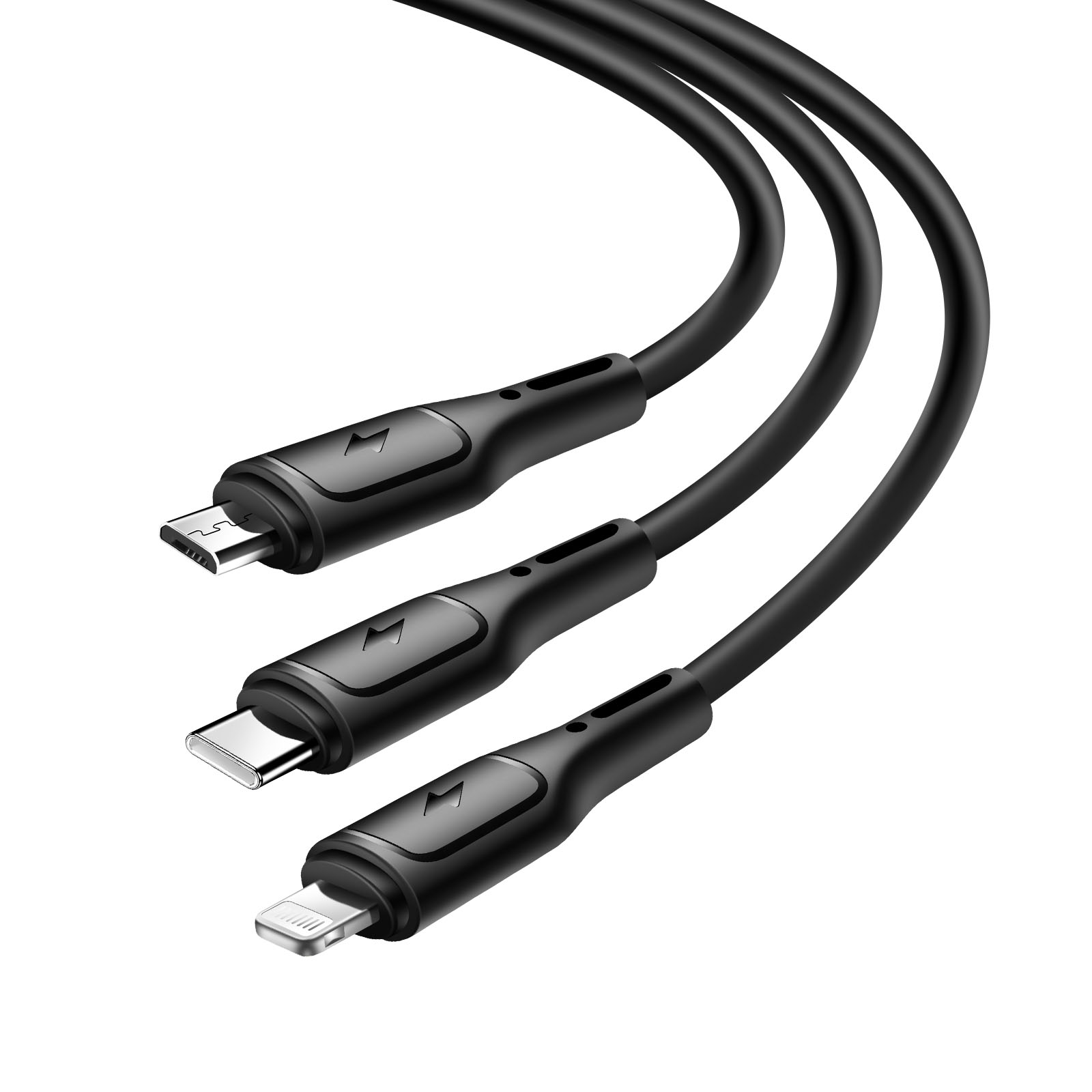 Drei schwarze Ladekabel mit verschiedenen Anschlüssen. Weißer Hintergrund.