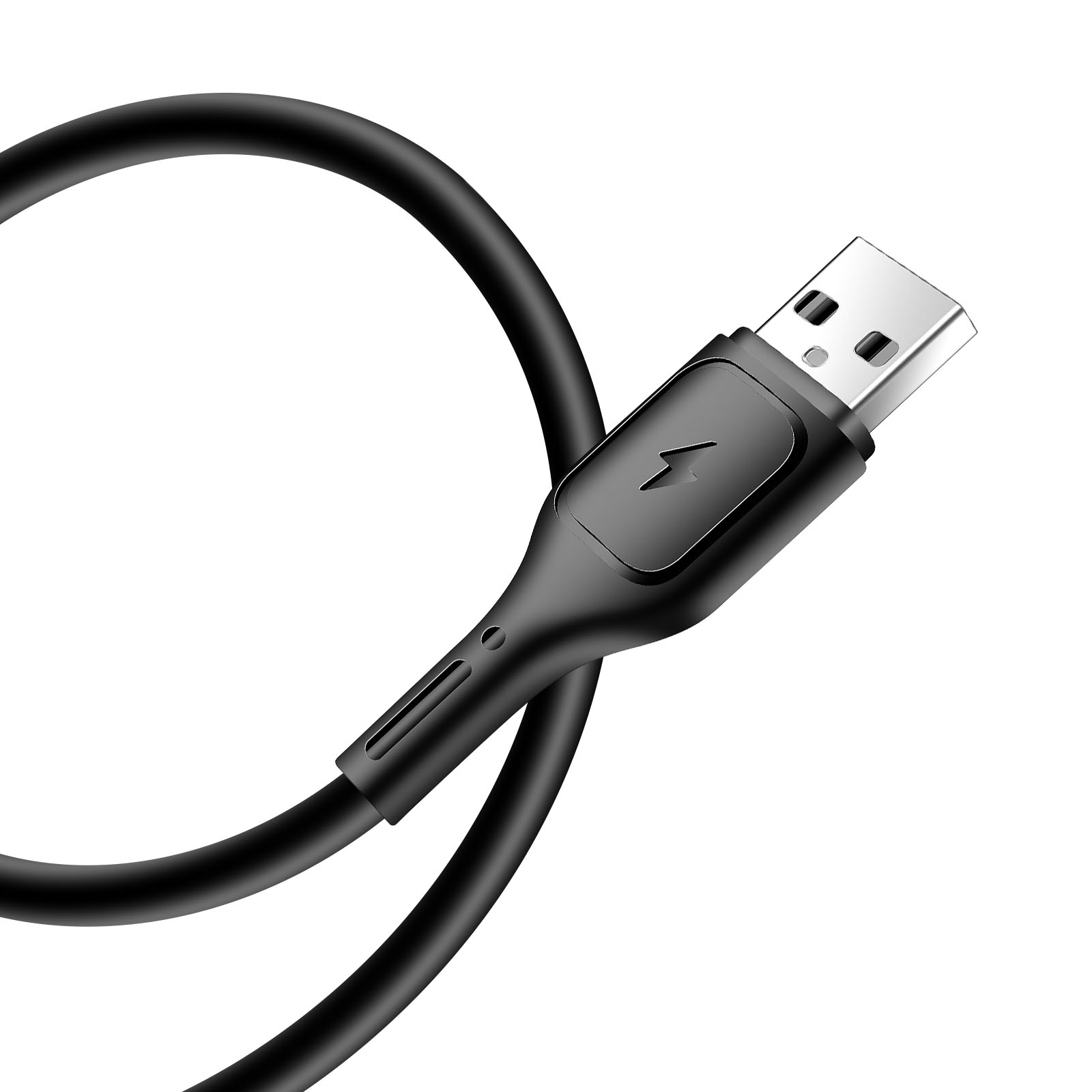 Schwarzes USB-Kabel mit USB-Anschluss und Blitzsymbol.